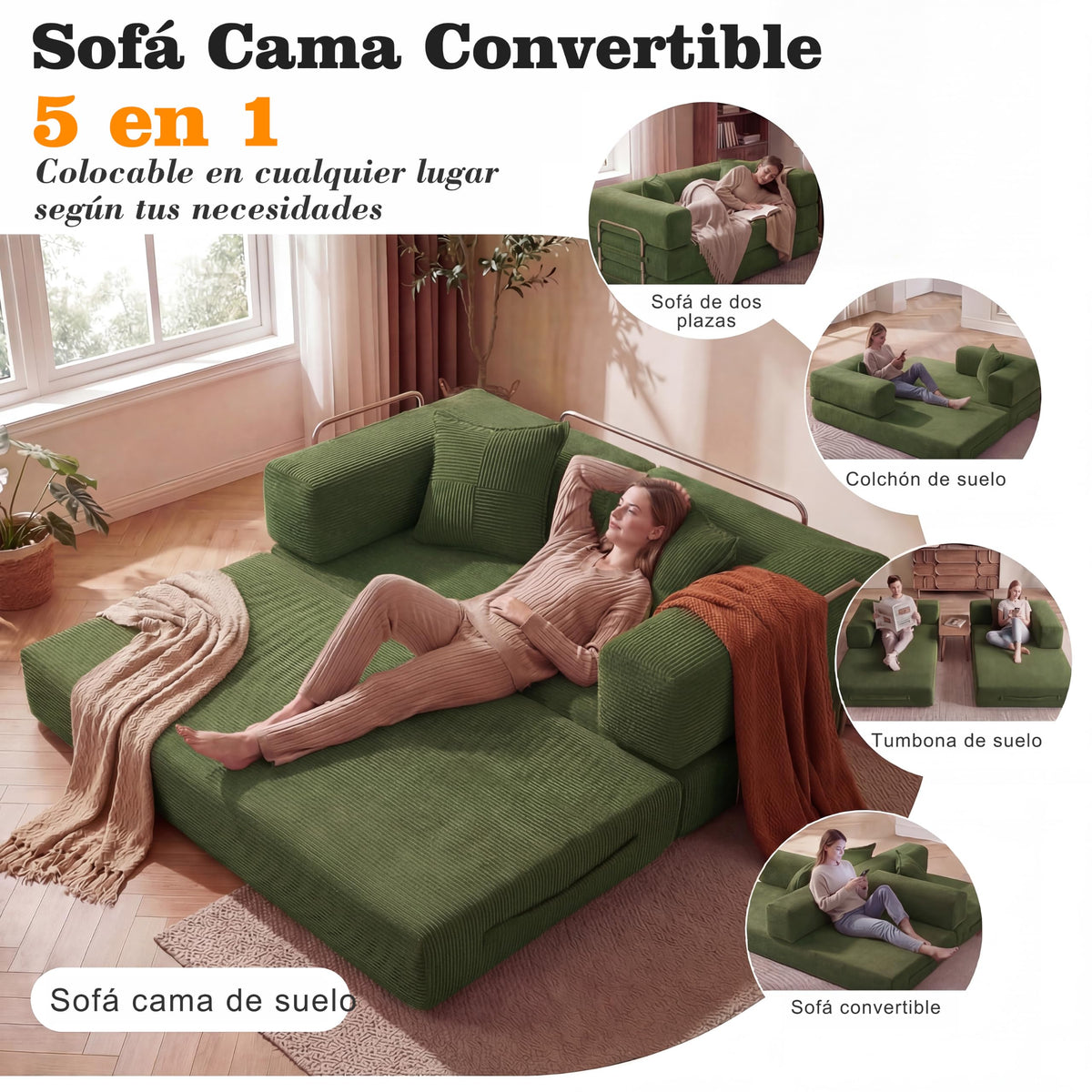 Vipbear Sofá Cama Pana 200×100×70 cm, sofá de Suelo transformable 5 en 1, Espuma de Alta Densidad, Apto para Mascotas y ergonómico, sin Montaje, Verde