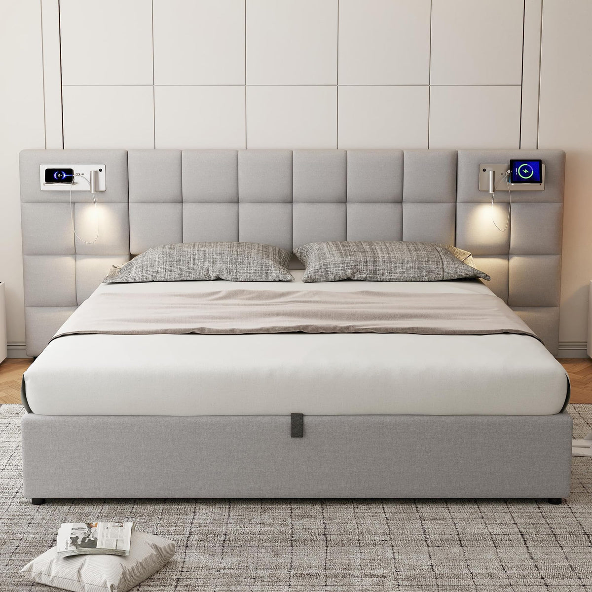 Cama 180x200 cm Camas Matrimoniales con LED y Lámpara de Noche, Cama Doble Tapizada con USB y Cabecero Ancho, Almacenaje Hidráulico, Soporte de Lamas de Madera, Terciopelo, Sin Colchón, Gris