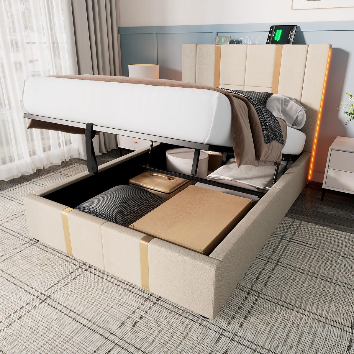 Cama tapizada doble USB tipo C función de carga APP Control LED 180 × 200 cm espacio espacio cama somier de láminas de madera, material de lino beige (sin colchón)