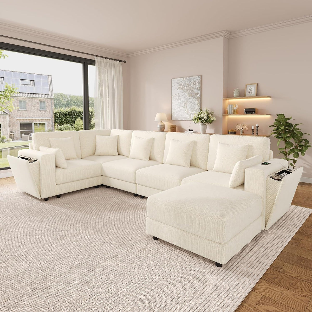 Sofá modular de 6 plazas, sofá esquinero en forma de L/U, puertos USB/tipo C, portavasos y espacio de almacenamiento, tela de chenilla, 7 cojines, salón, dormitorio y oficina, color beige