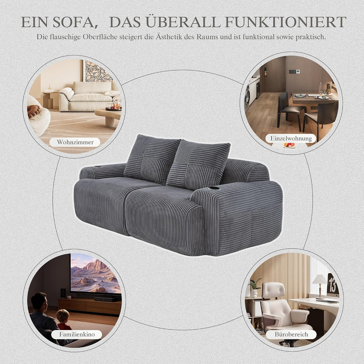 Sofá modular de 200 cm, sofá de 2 plazas con portabebidas y bolsillo de almacenamiento lateral, sofá comprimido de pana, sofá seccional para sala de estar y dormitorio