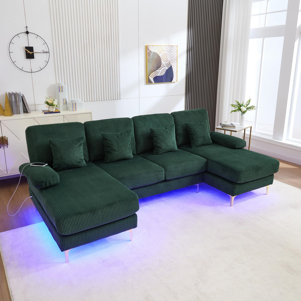 Lubvtti Sofá Moderno en U con iluminación Ambiental LED y Puerto USB+Type-C,sofá 4 plazas con 4 Cojines de Lujo y Respaldo ergonómico, sofá cheslong 4 plazas,Terciopelo,Negro