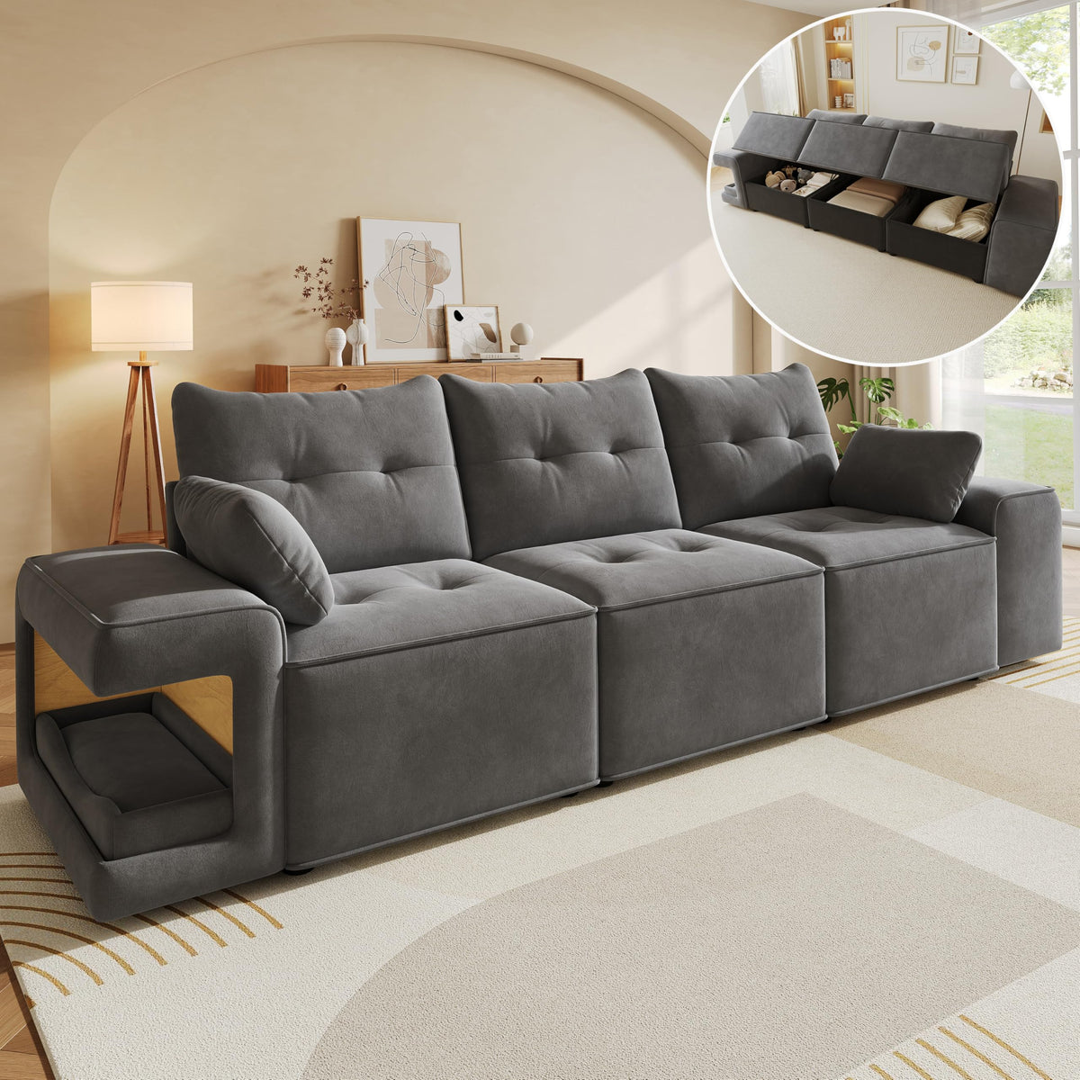 Sofá modular de 6 plazas, sofá esquinero en forma de L/U, puertos USB/tipo C, portavasos y espacio de almacenamiento, tela de chenilla, 7 cojines, salón, dormitorio y oficina, color beige