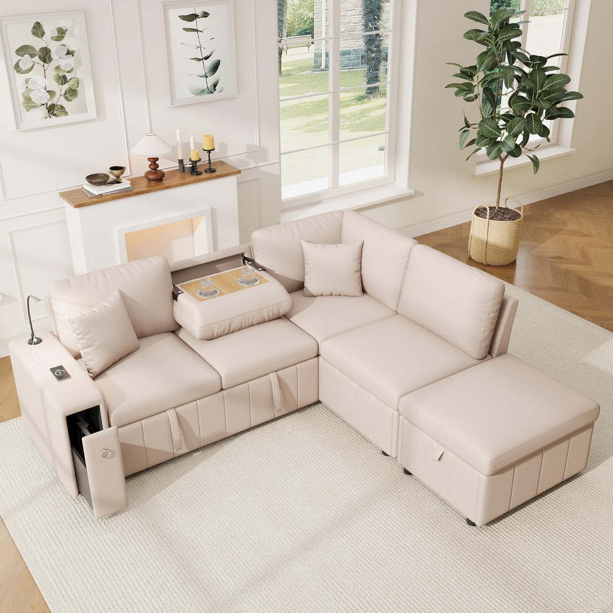 Sofá esquinero extensible en forma de L con puerto USB y portavasos, sofá cama de 4 plazas con función cama, sofá convertible con espacio de almacenamiento y reposabrazos, cojines, chenilla