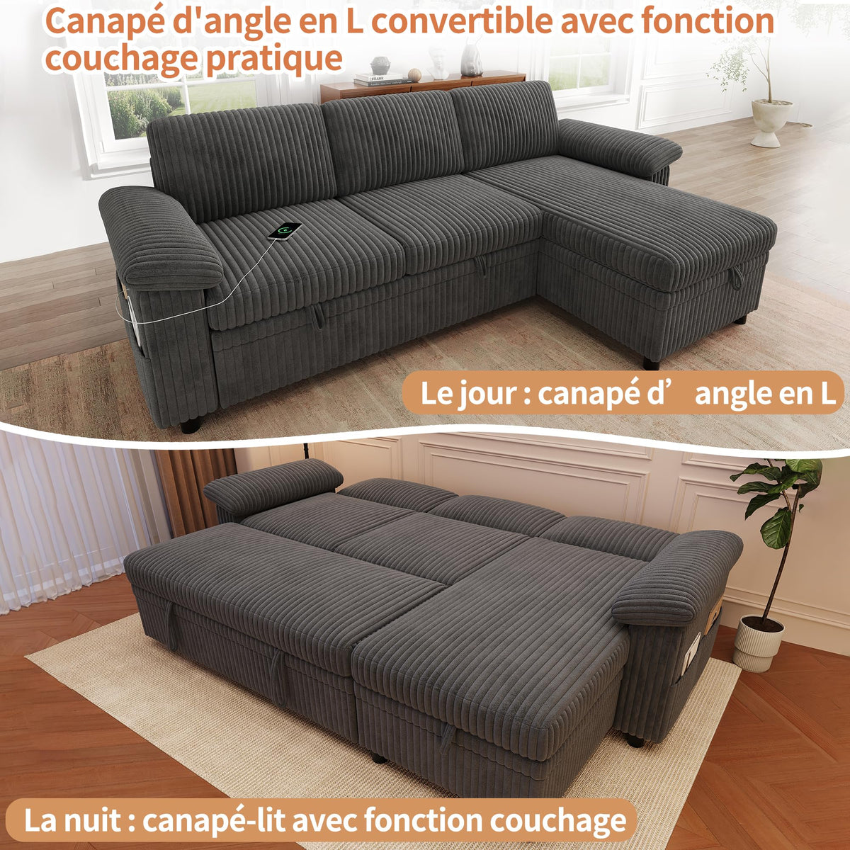 Sofá modular de 3 plazas con función cama extensible y USB/Type-C, sofá esquinero en forma de L con reposacabezas semifijos y compartimento de almacenamiento, sofás con chaise longue