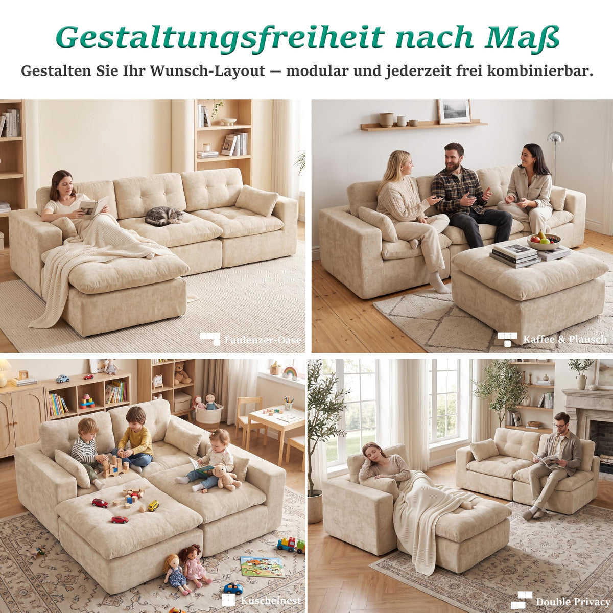 Sofá modular de 3 plazas con función de dormir, asiento extra profundo, felpilla para el hogar, sofá sin marco, sofá cama flexible para salón, verde