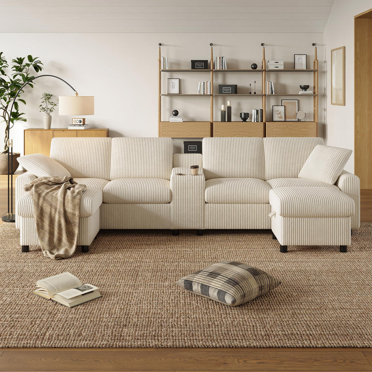 Sapgaks Sofá Seccional en U Moderno,Sofá 4 plazas,Mueble Acolchado de diseño Moderno,Tela de Chenilla (Beige)