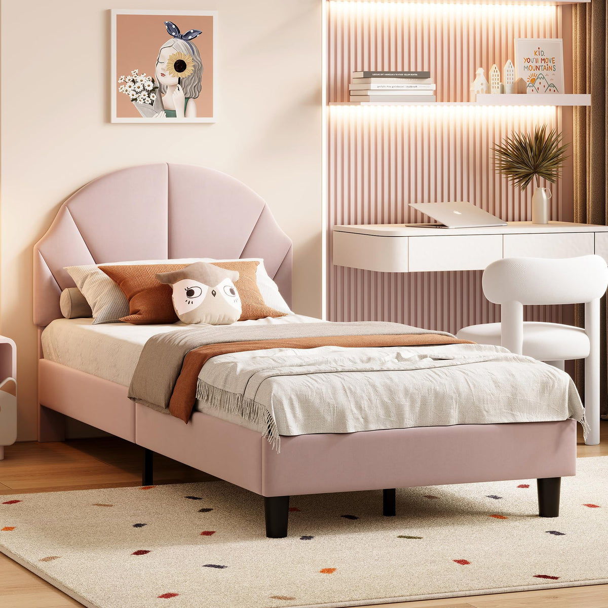 Cama Infantil tapizada 140 x 200 cm con LED, Cama tapizada para niños 140 x 200 con cabecera Ajustable Marco de Camas, Camas de Princesa para Niña en Forma de Corona con Somier(Rosa, 140 x 200)