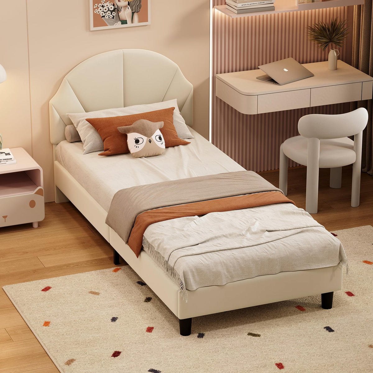 Cama Infantil tapizada 140 x 200 cm con LED, Cama tapizada para niños 140 x 200 con cabecera Ajustable Marco de Camas, Camas de Princesa para Niña en Forma de Corona con Somier(Rosa, 140 x 200)