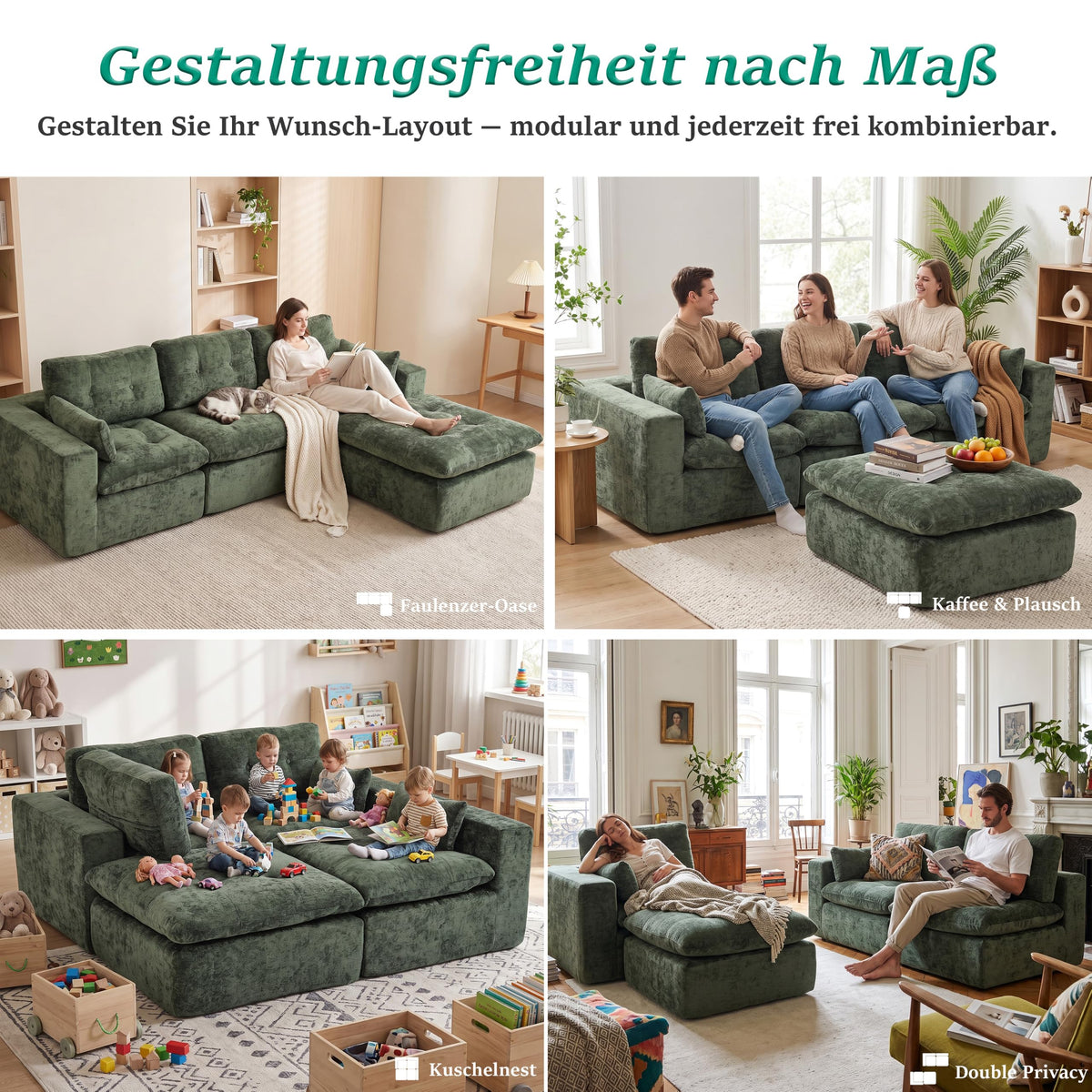 Sofá modular de 3 plazas con función de dormir, asiento extra profundo, felpilla para el hogar, sofá sin marco, sofá cama flexible para salón, verde