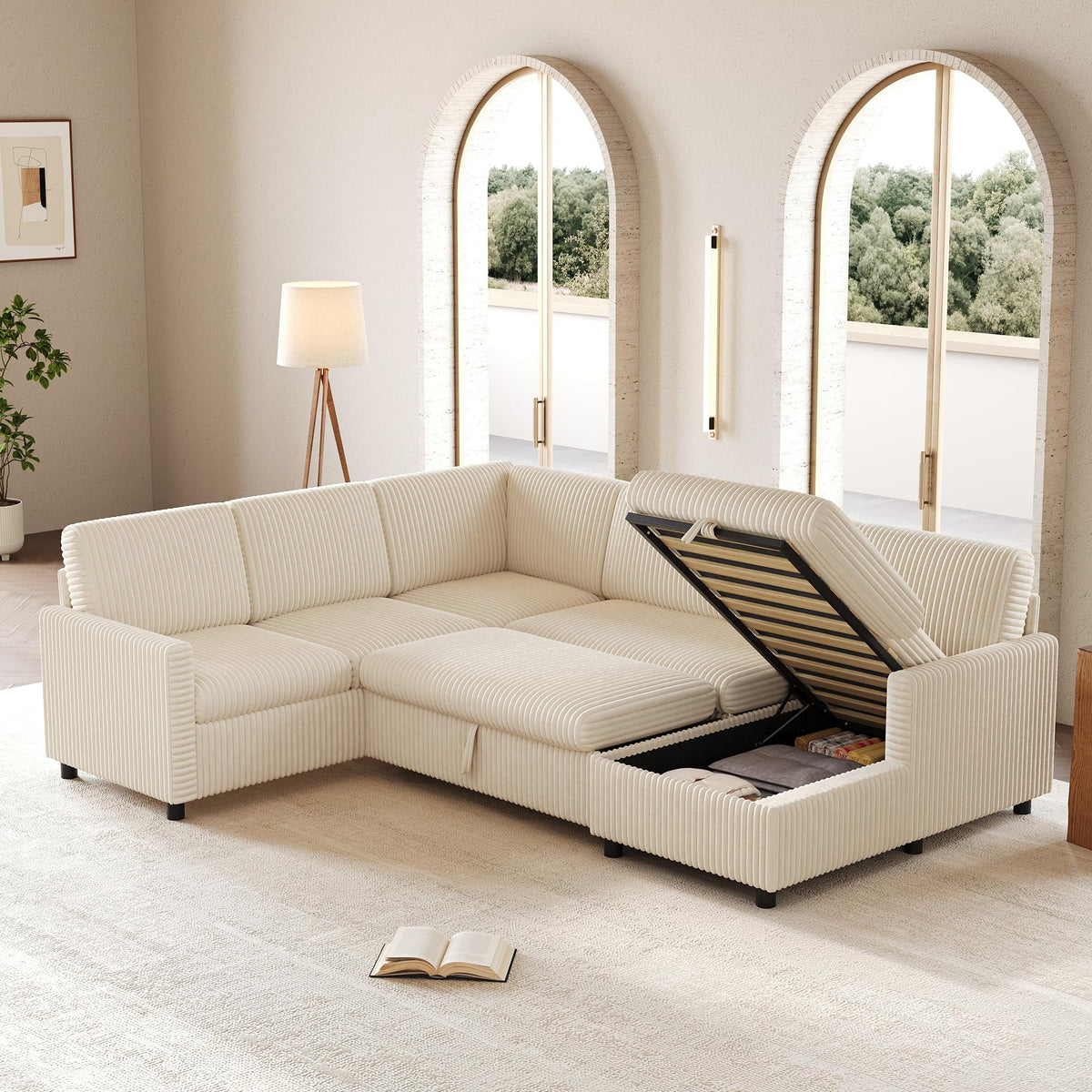 LAKFEW Sofa Cama con Cama Extensible y Taburete Almacenaje, Sofa Rinconera con USB, Lámpara de Lectura, Mesa Plegable con 2 Posavasos, 205x205x85 cm, Gris