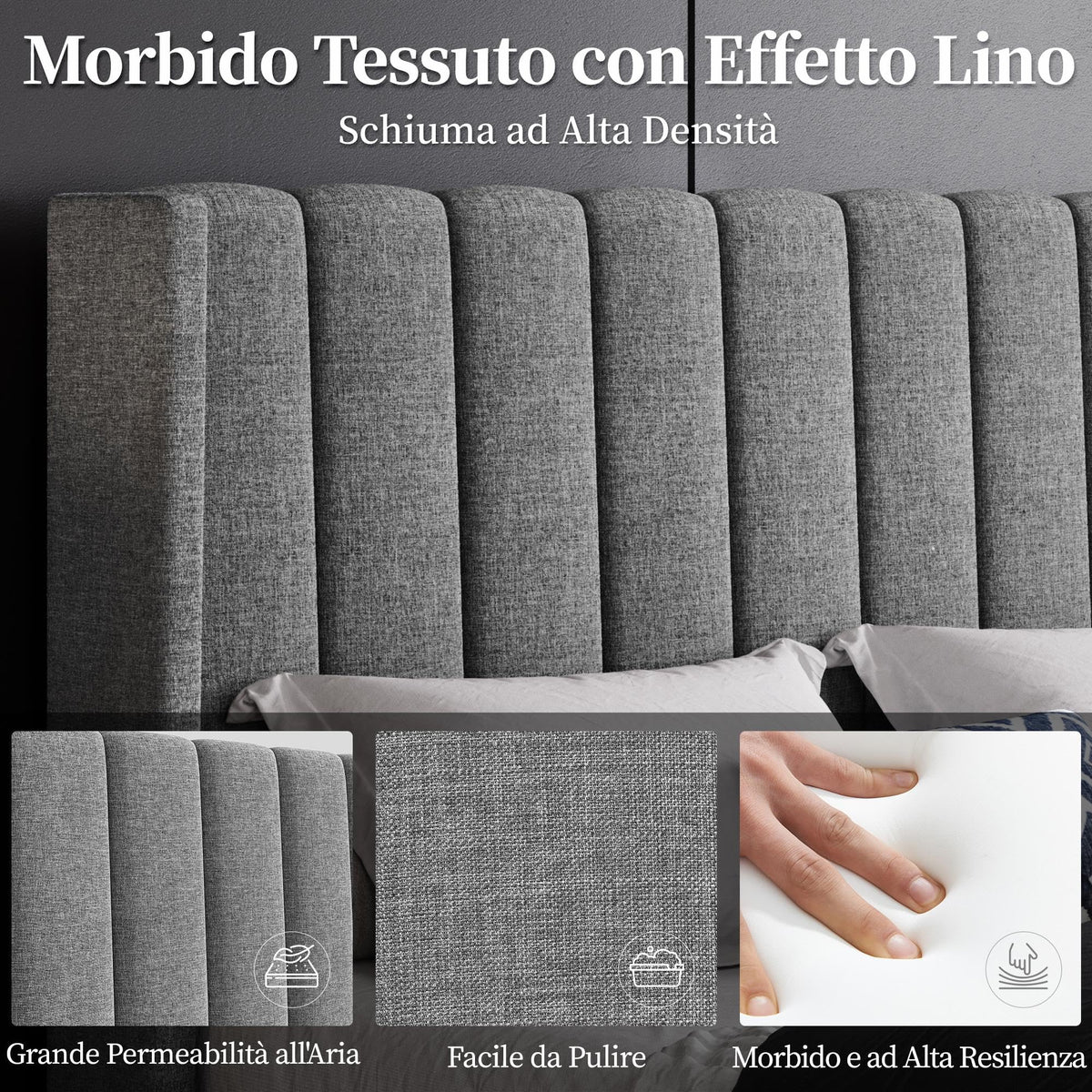 Yaheetech Cama Doble Tapizada 140 x 200cm con Somier de Lamas con Cabecero Rayado Moderno Estructura de Madera y Metal Marco de Cama para Adultos 2 Personas Beige