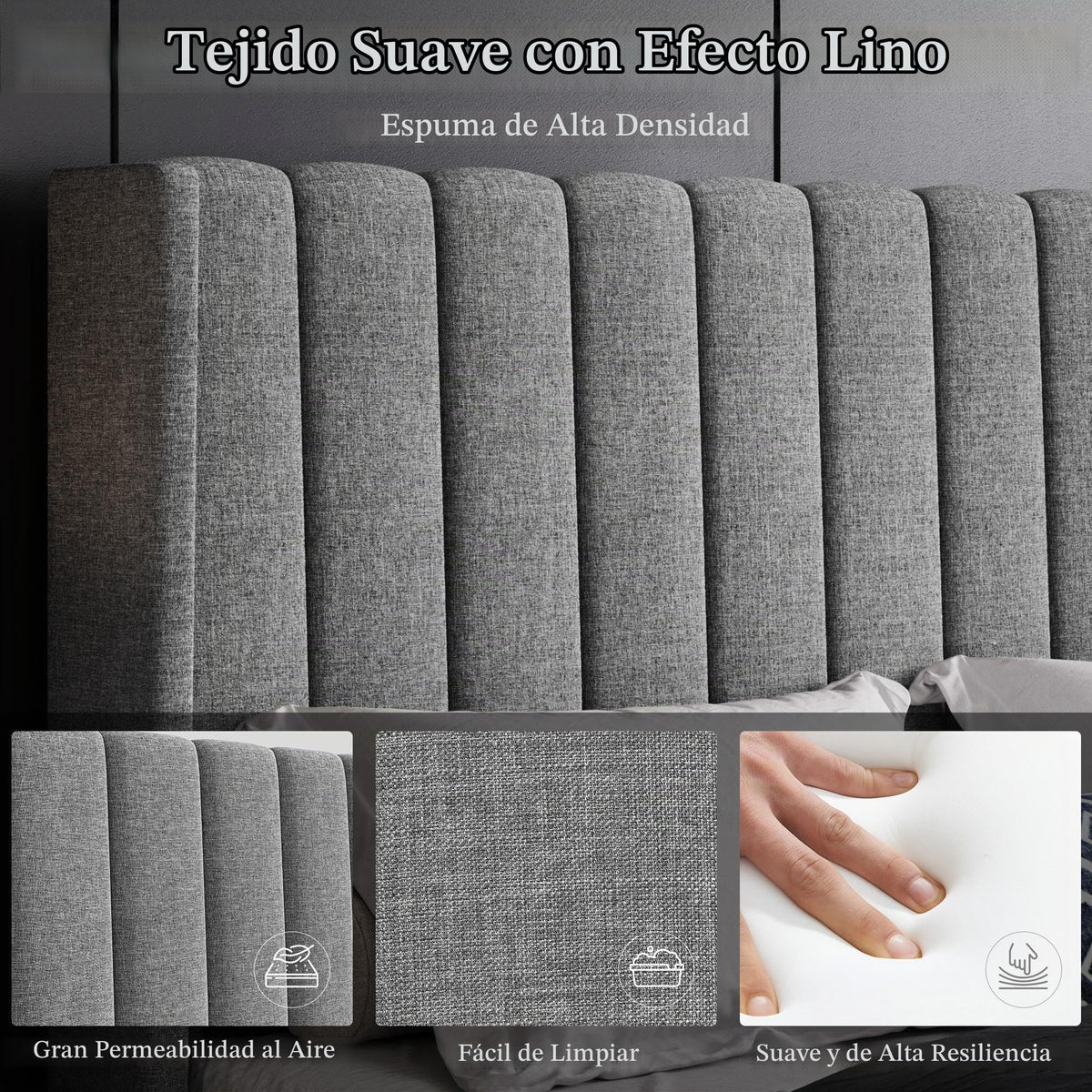 Yaheetech Cama Doble Tapizada 140 x 200cm con Somier de Lamas con Cabecero Rayado Moderno Estructura de Madera y Metal Marco de Cama para Adultos 2 Personas Beige