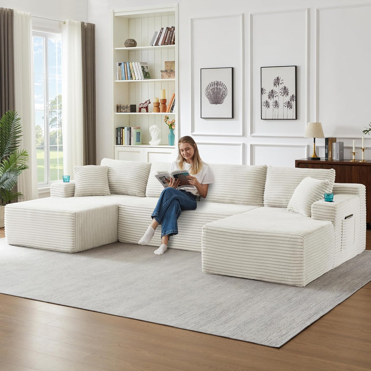 Bladez Sofá esquinero modular en forma de U de pana de 3 plazas gris con otomana