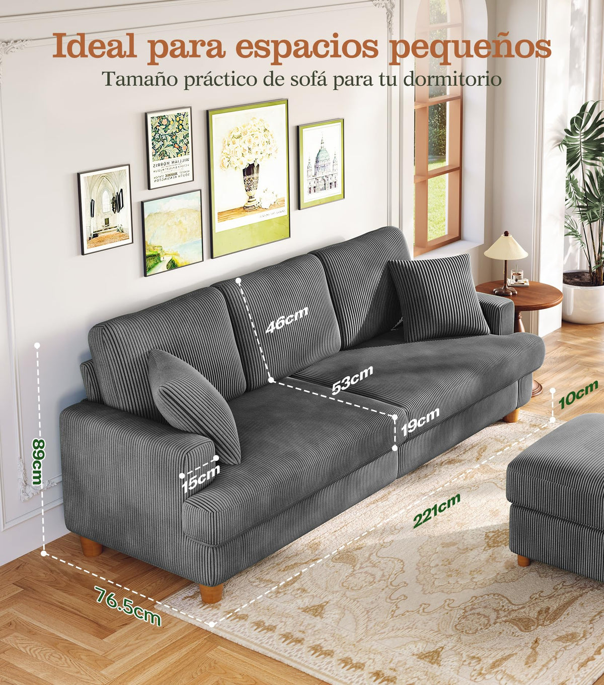 Kidirect Sofá de Pana de 3 plazas, 221 cm cómodo sofá de 53 cm Asientos Extra Profundos, sofá de salón Montaje sin Herramientas sofá Grande con 2 Cojines, sofá Moderno para Oficina,Verde Bosque