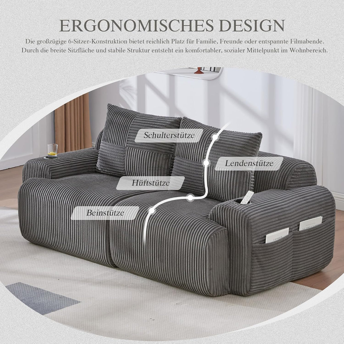 Sofá modular de 200 cm, sofá de 2 plazas con portabebidas y bolsillo de almacenamiento lateral, sofá comprimido de pana, sofá seccional para sala de estar y dormitorio