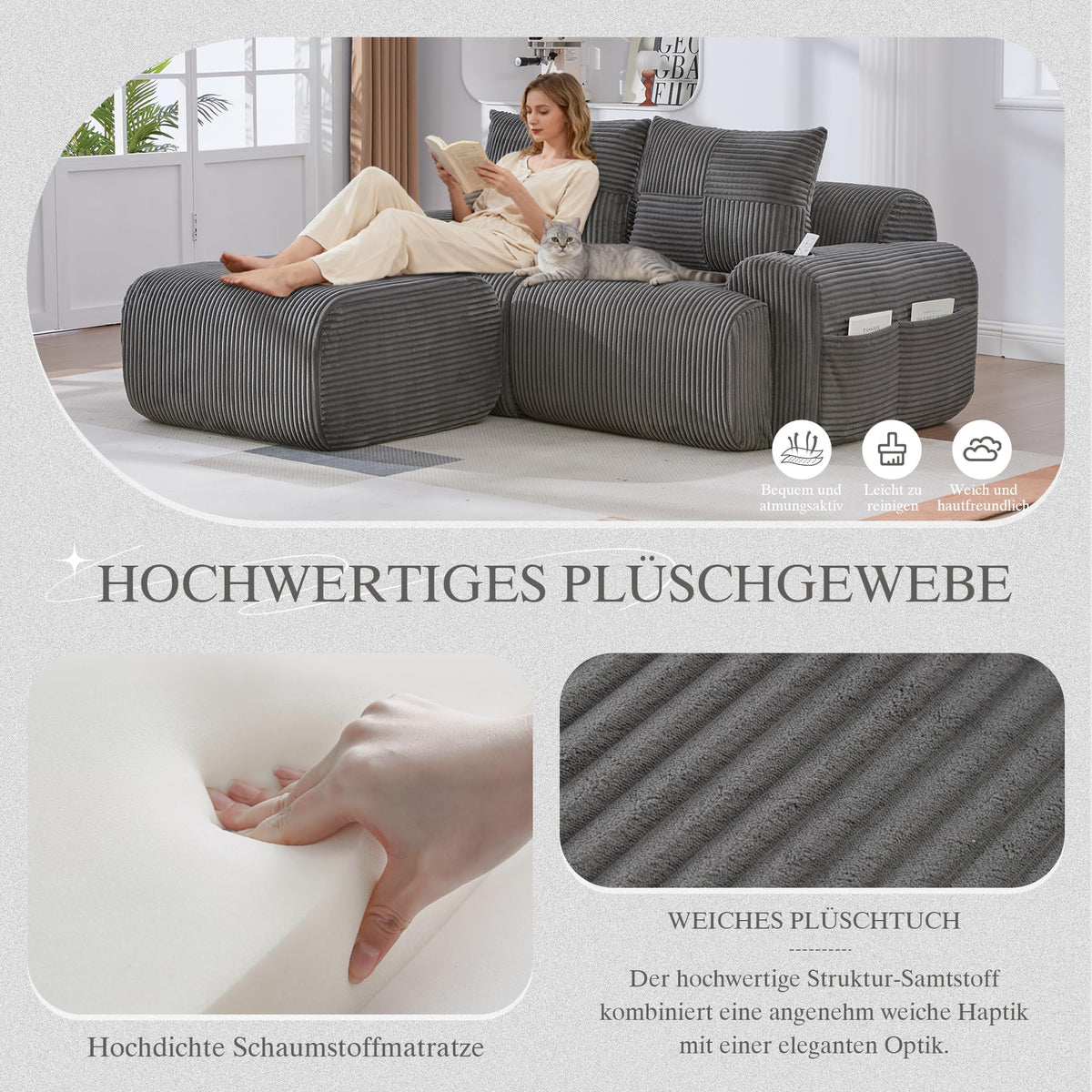 Sofá modular de 200 cm, sofá de 2 plazas con portabebidas y bolsillo de almacenamiento lateral, sofá comprimido de pana, sofá seccional para sala de estar y dormitorio