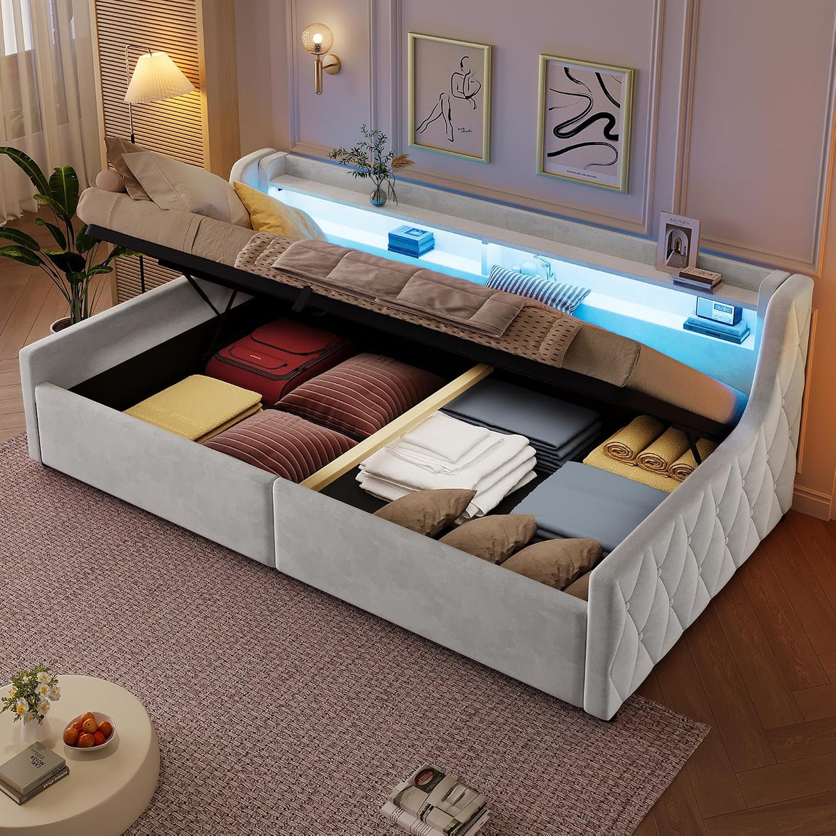 Cama con plataforma de terciopelo 90 x 200 cm, con espacio de almacenamiento hidráulico e iluminación LED (color crema, 90 x 200 cm)