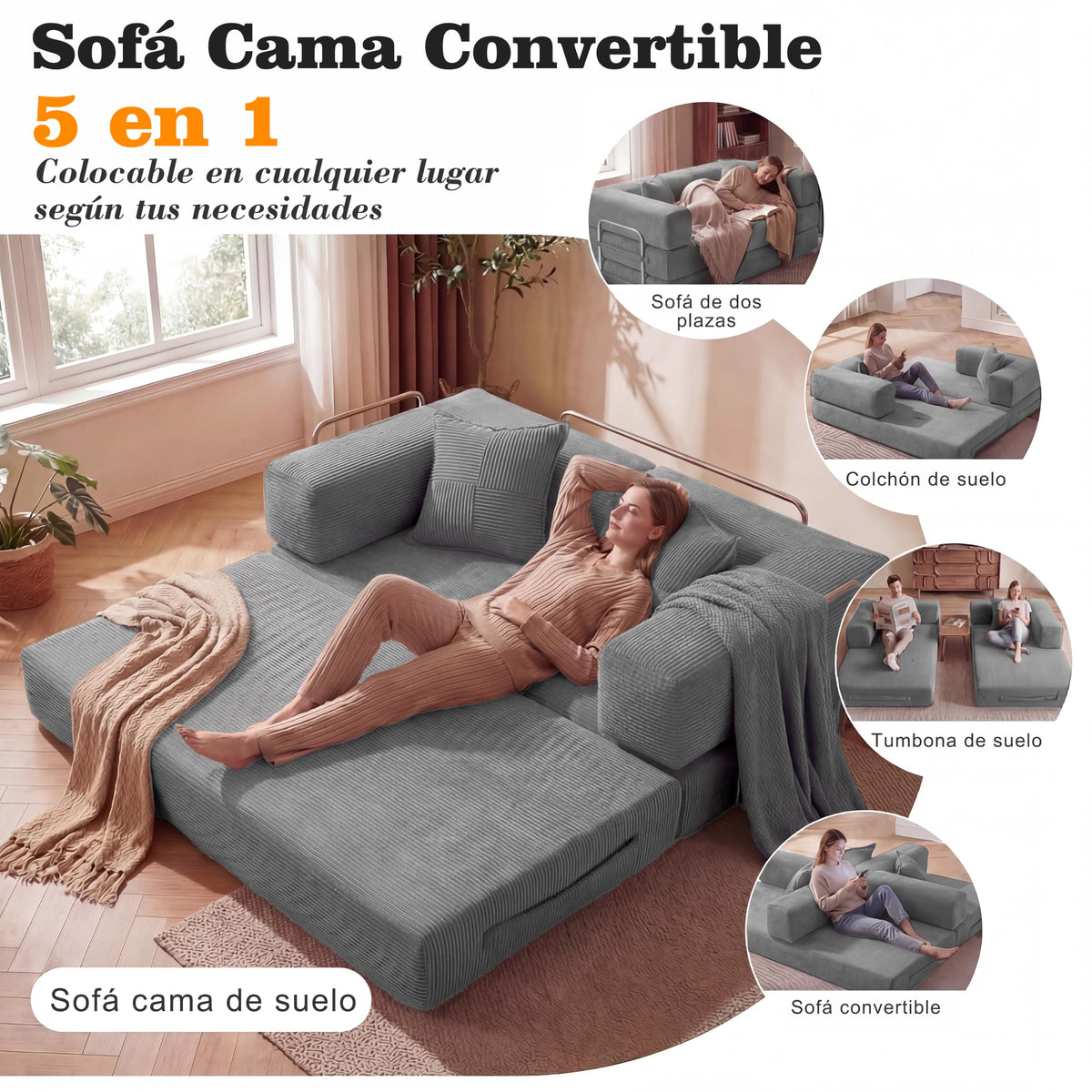 Vipbear Sofá Cama Pana 200×100×70 cm, sofá de Suelo transformable 5 en 1, Espuma de Alta Densidad, Apto para Mascotas y ergonómico, sin Montaje, Verde