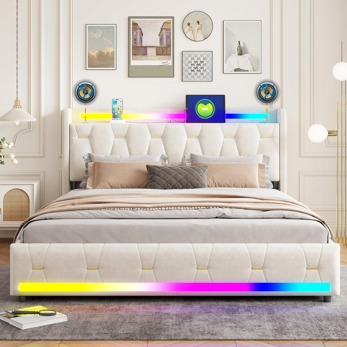 Estructura de Cama de Cuero 160x200cm con Carga USB Type-C, Blanco