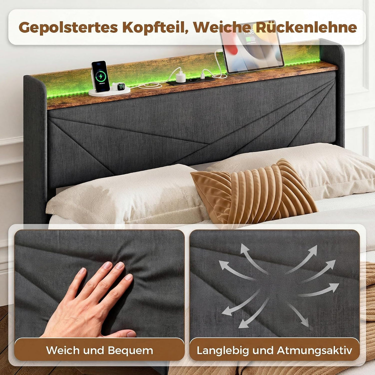 IRONCK Cama Tapizada 140 x 200 cm con Estación de Carga y Luces LED