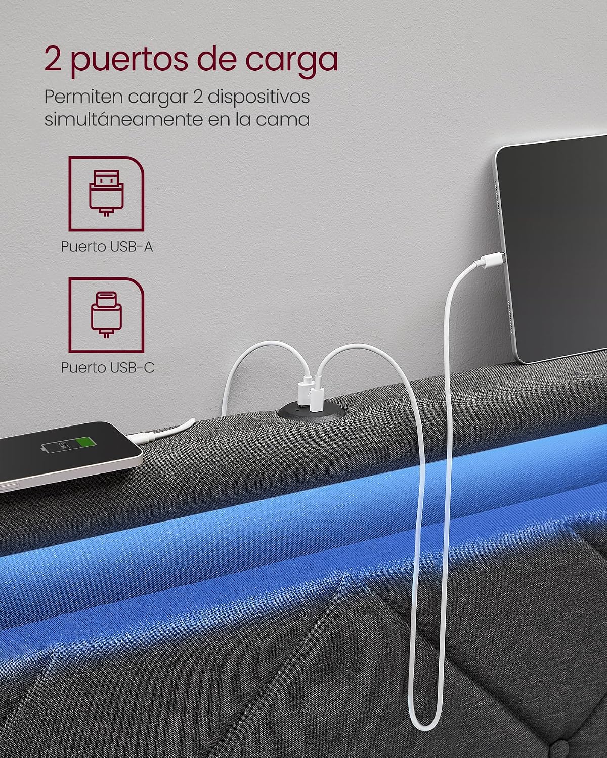 VASAGLE Marco de Cama Matrimonio, Base con Listones, 140 x 200 cm, LED, Metal, 4 Cajones, Estación de Carga, Cabecero Acolchado Ajustable, Gris Pizarra RMB827G02