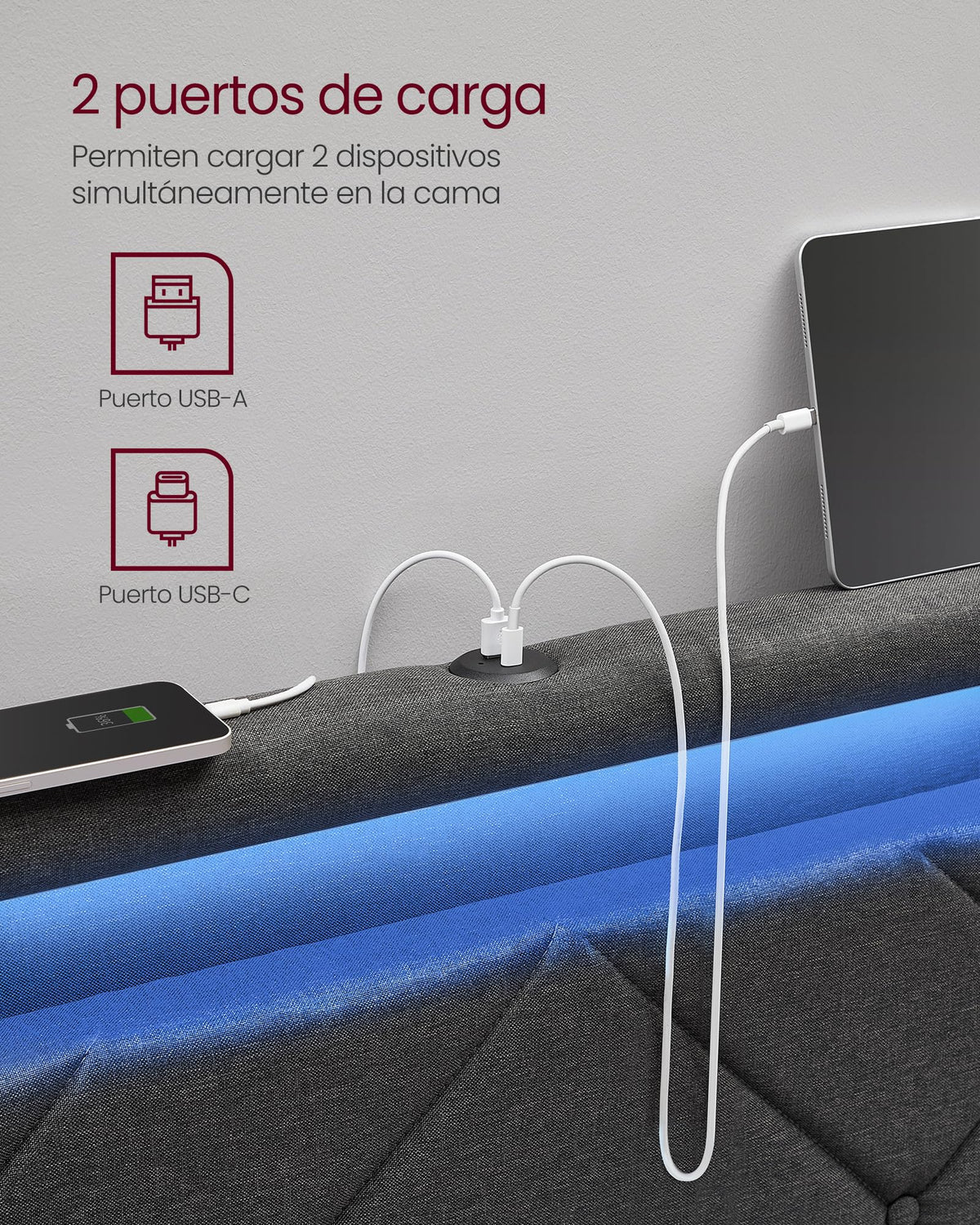 VASAGLE Marco de Cama Matrimonio, Base con Listones, 140 x 200 cm, LED, Metal, 4 Cajones, Estación de Carga, Cabecero Acolchado Ajustable, Gris Pizarra RMB827G02