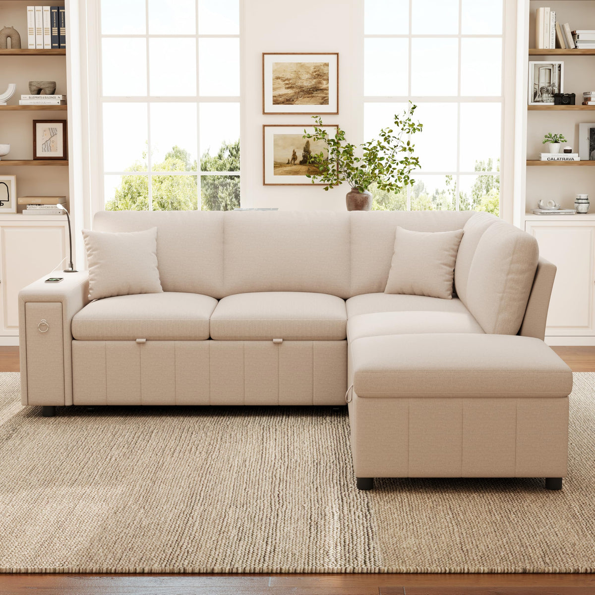 Sofá moderno de chenilla en forma de U con chaise longue, sofá esquinero de 4 plazas con espacio de almacenamiento, puerto USB y tipo C, modular, con soporte para bebidas y cojines suaves