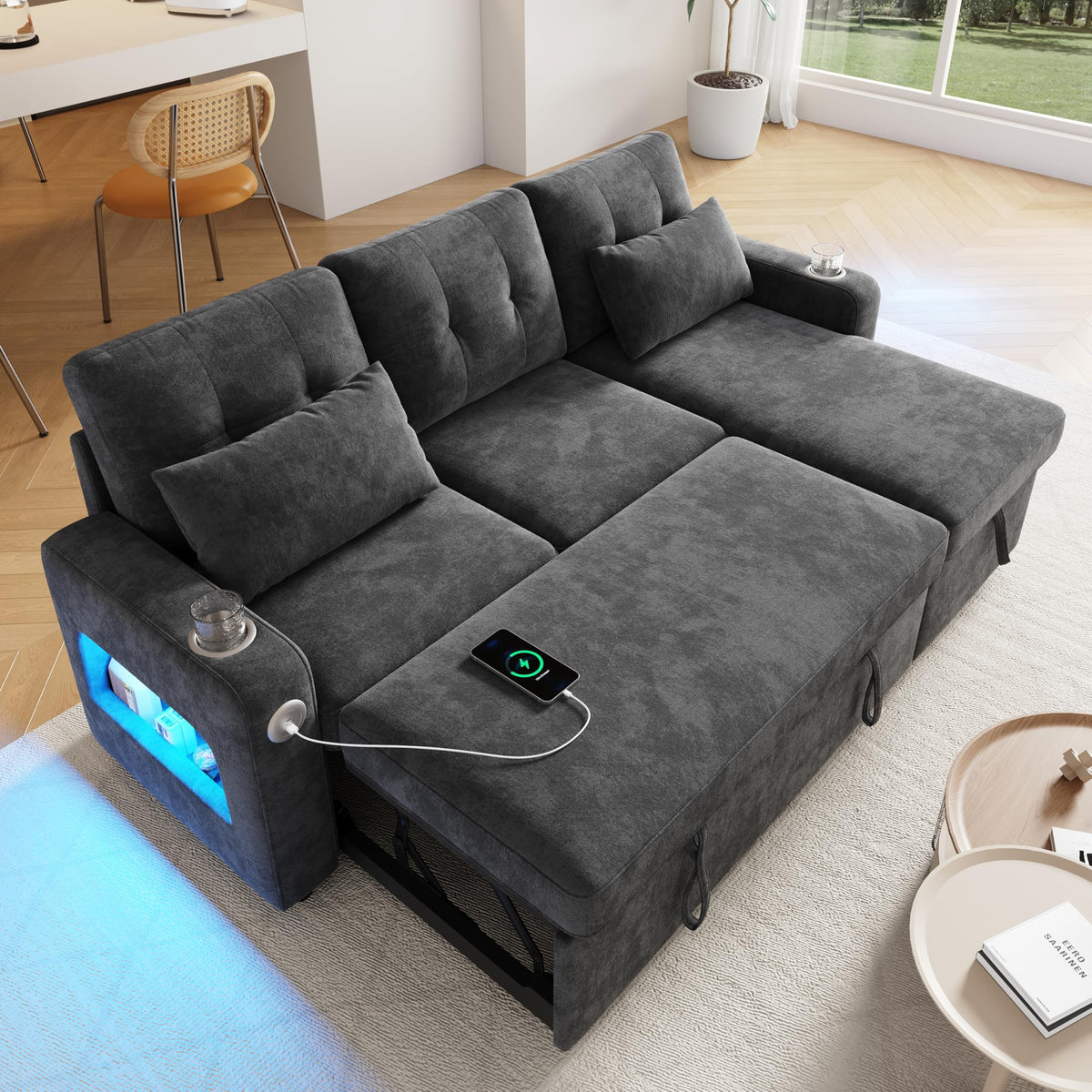 Sapgaks Sofá de esquina convertible de 6 plazas con USB, sofá convertible de 6 plazas, sofá de 6 plazas, en chenilla, con apoyabrazos en forma de librería, puf extraíble para configuraciones en L y en