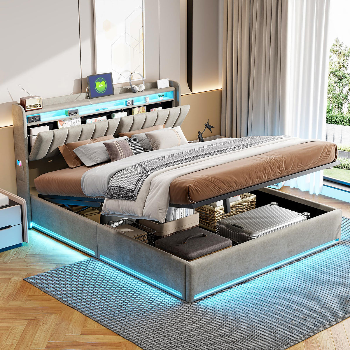 Cama tapizada de 160 x 200 cm, cama doble LED con espacio de almacenamiento, cabecero y función de carga USB C, cama de almacenamiento hidráulico, respaldo con somier de láminas de madera