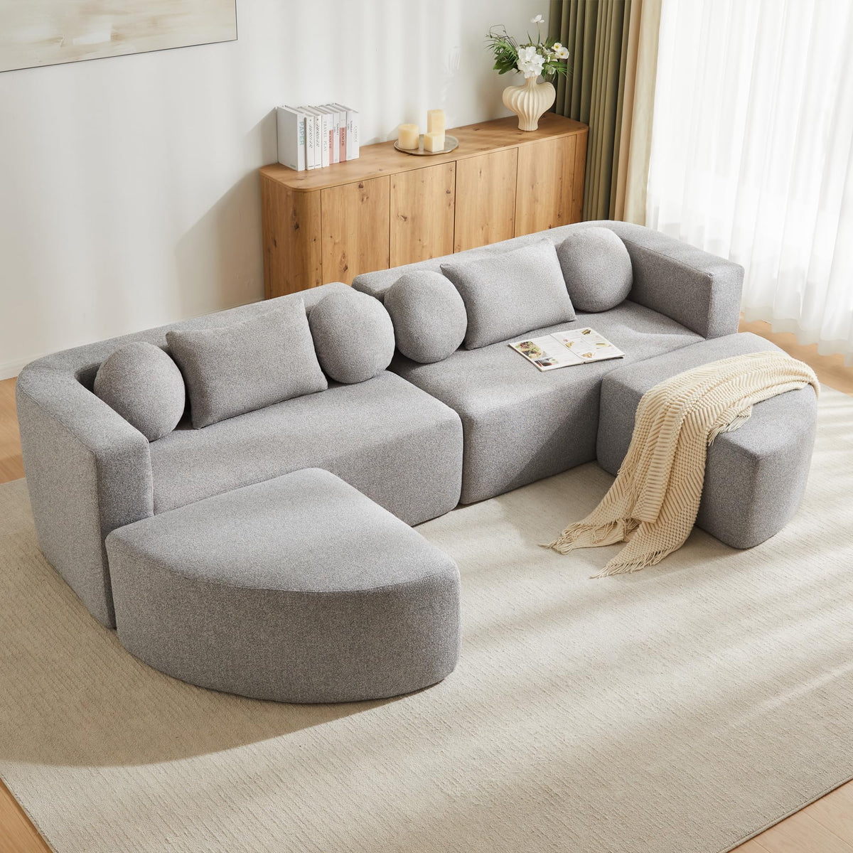 LAKFEW Sofa Cama con Cama Extensible y Taburete Almacenaje, Sofa Rinconera con USB, Lámpara de Lectura, Mesa Plegable con 2 Posavasos, 205x205x85 cm, Gris
