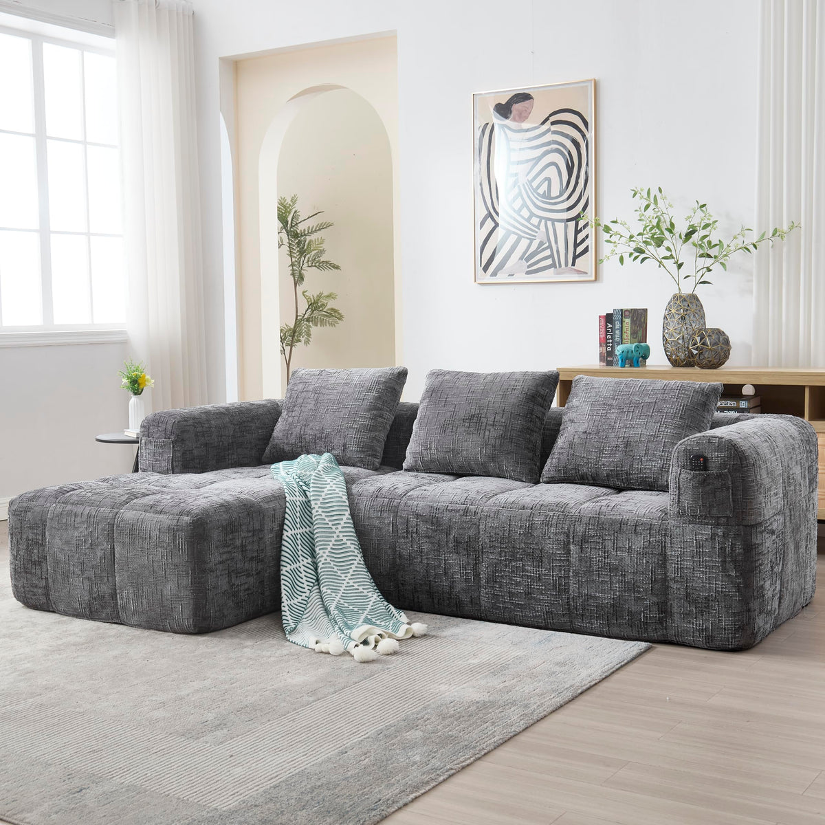 Soweiz Sofá L, seccional de 3 plazas, sofá con chaise longue y reposabrazos, 3 cojines, bolsillo lateral para mando a distancia, 250 x 158 x 60 cm