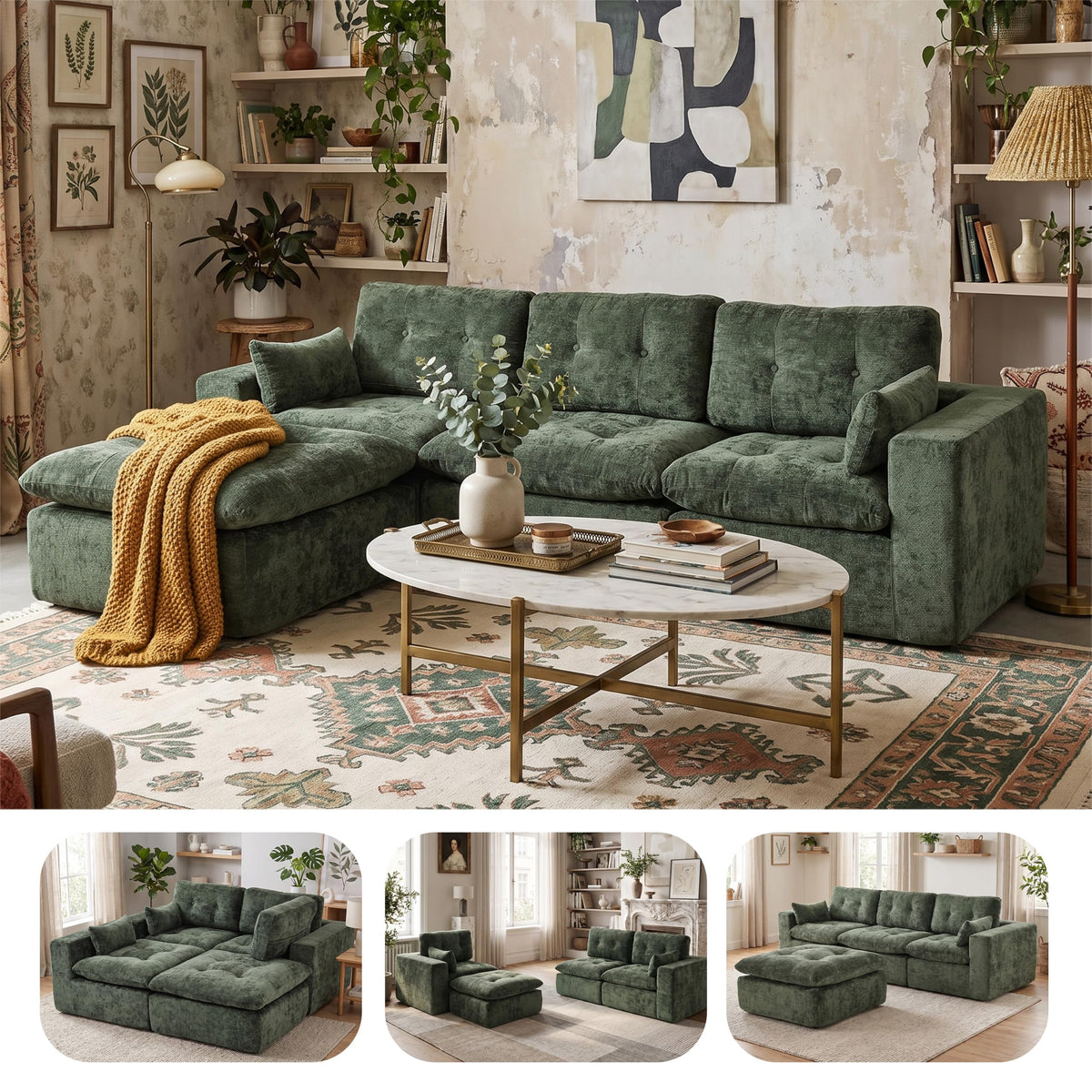 Sofá modular de 3 plazas con función de dormir, asiento extra profundo, felpilla para el hogar, sofá sin marco, sofá cama flexible para salón, verde