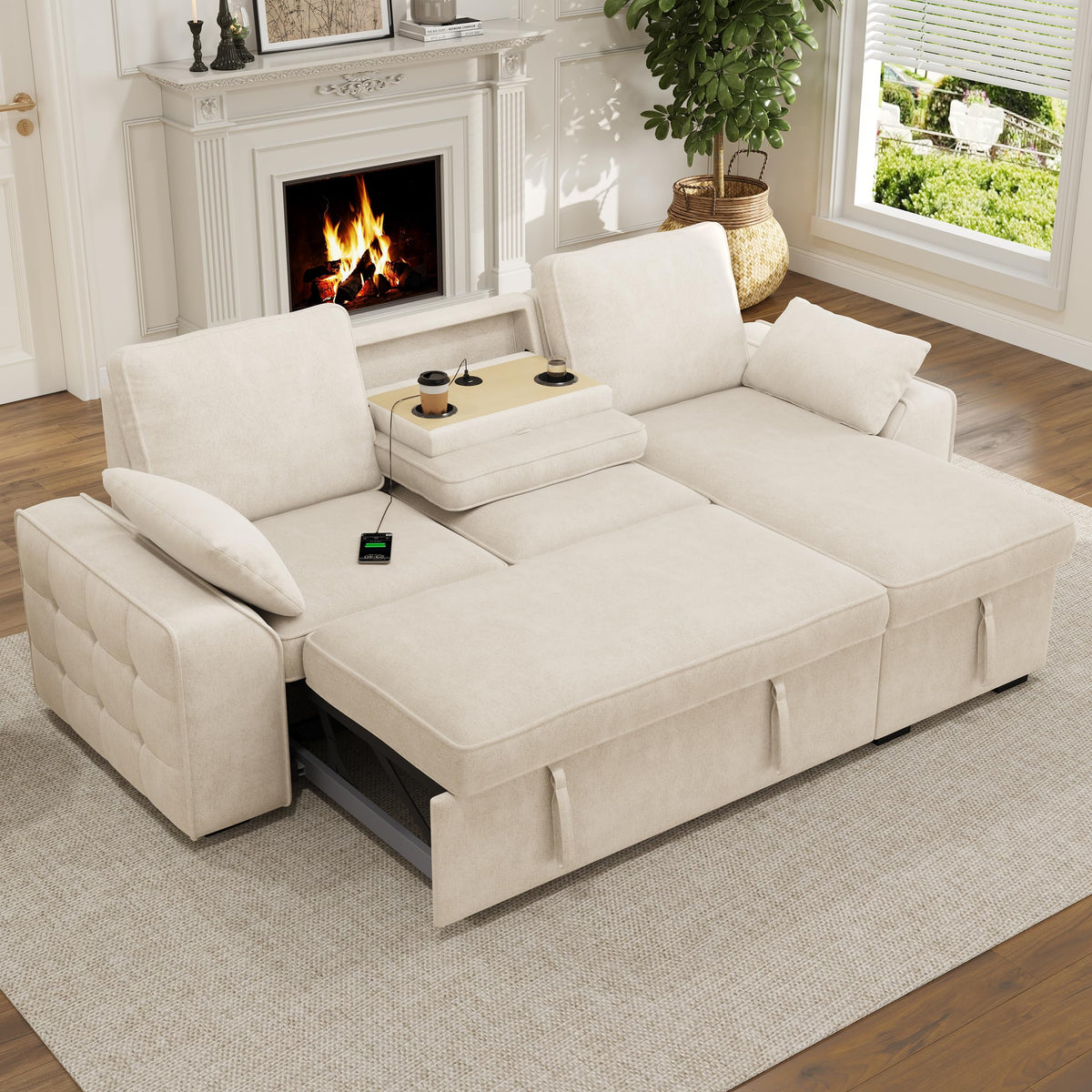 Sofá modular de 3 plazas con función cama extensible y USB/Type-C, sofá esquinero en forma de L con reposacabezas semifijos y compartimento de almacenamiento, sofás con chaise longue