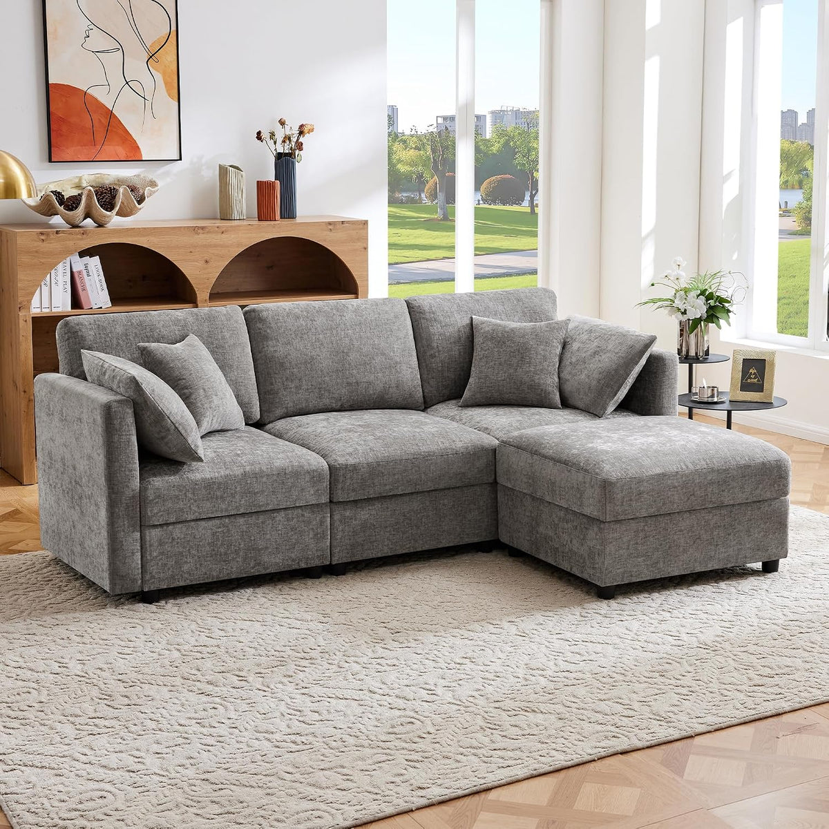 Soweiz Sofá de esquina en forma de L con reposapiés, sofá cama convertible de 3 plazas, 4 cojines, brazos ajustables, tejido chenilla, adecuado para salón/oficina/apartamento, 218 x 156,5 x 86 cm