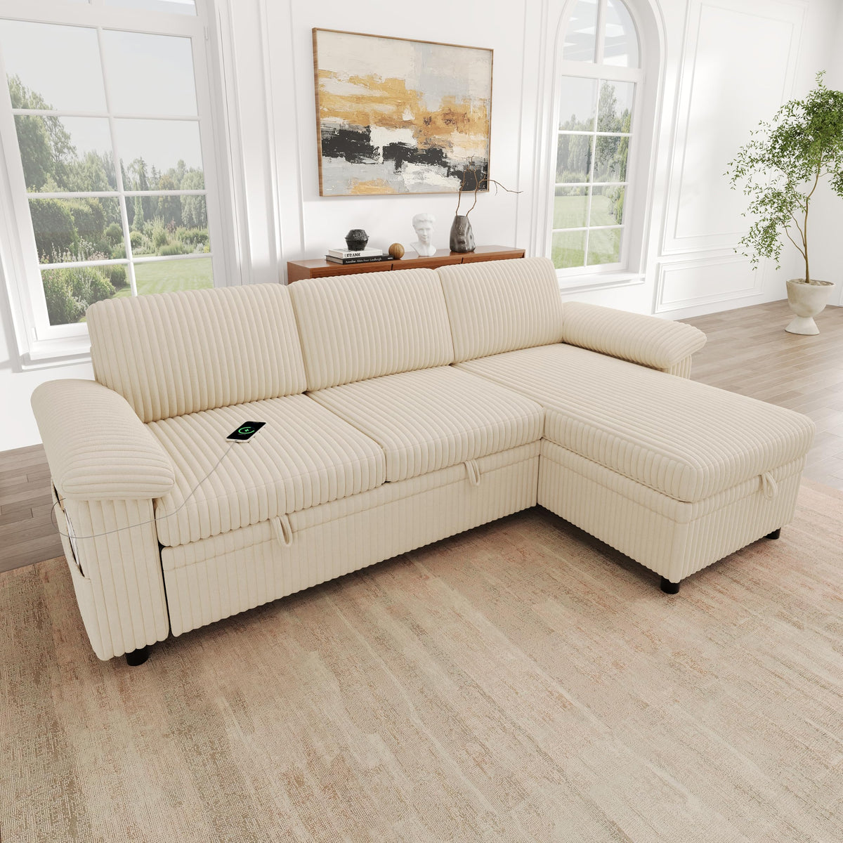Sofá modular de 3 plazas con función cama extensible y USB/Type-C, sofá esquinero en forma de L con reposacabezas semifijos y compartimento de almacenamiento, sofás con chaise longue