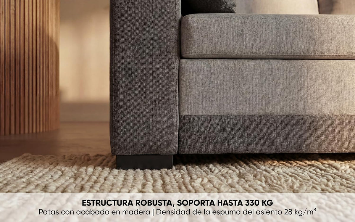 BUDWING Leah Sofá Cama Esquinero 3 Plazas - Chaise Longue Reversible y 2 Cojines Decorativos – Tapizado en Poliéster – Estilo Moderno – 233x124x69 cm – Gris Bicolor