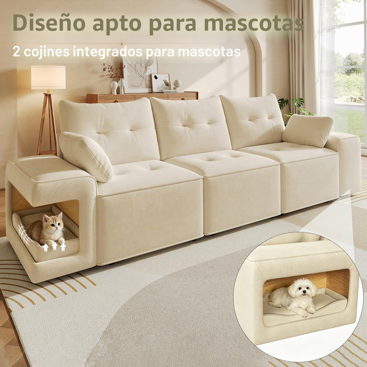 Sofá modular de 6 plazas, sofá esquinero en forma de L/U, puertos USB/tipo C, portavasos y espacio de almacenamiento, tela de chenilla, 7 cojines, salón, dormitorio y oficina, color beige
