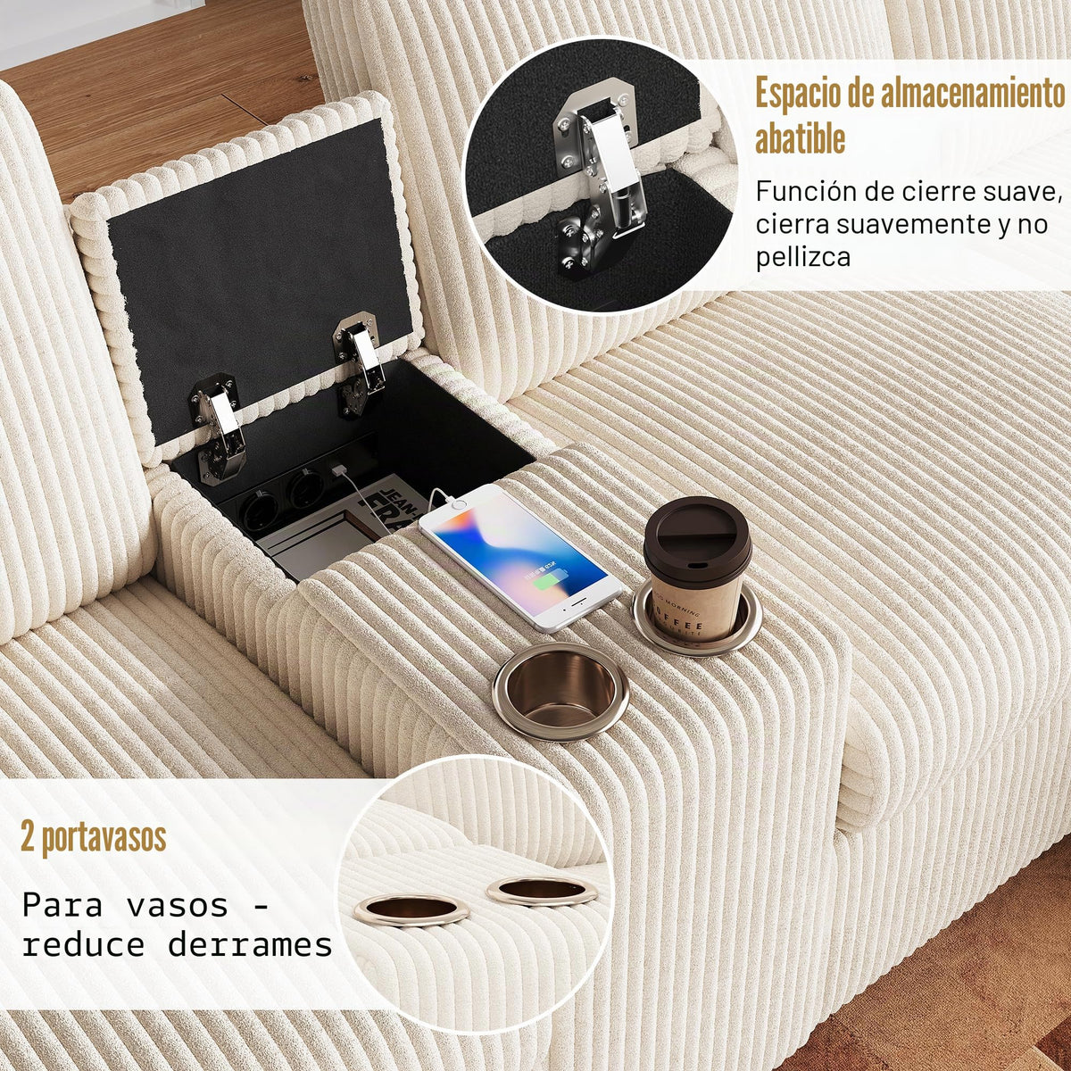 Sofá moderno de chenilla en forma de U con chaise longue, sofá esquinero de 4 plazas con espacio de almacenamiento, puerto USB y tipo C, modular, con soporte para bebidas y cojines suaves