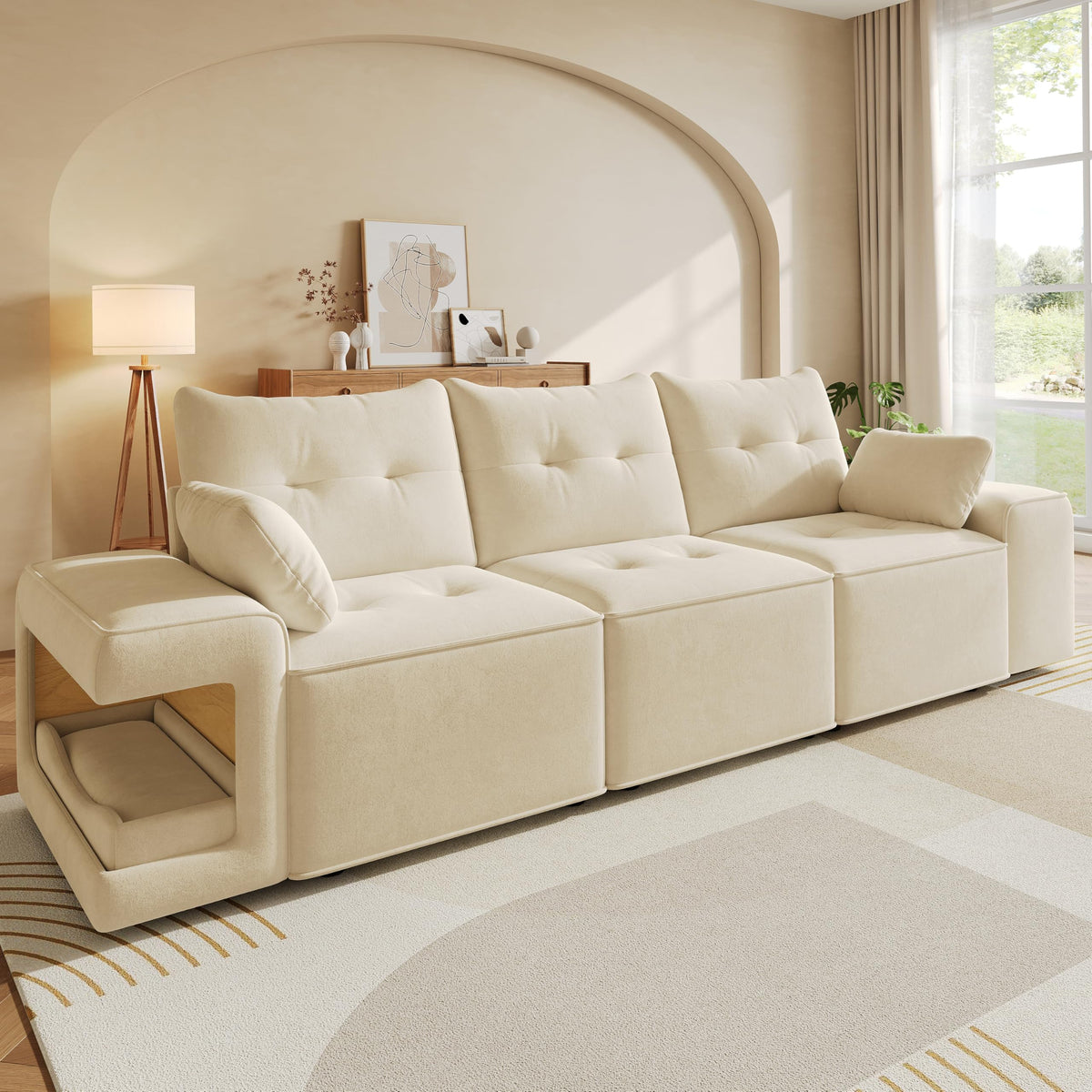 Sofá modular de 6 plazas, sofá esquinero en forma de L/U, puertos USB/tipo C, portavasos y espacio de almacenamiento, tela de chenilla, 7 cojines, salón, dormitorio y oficina, color beige