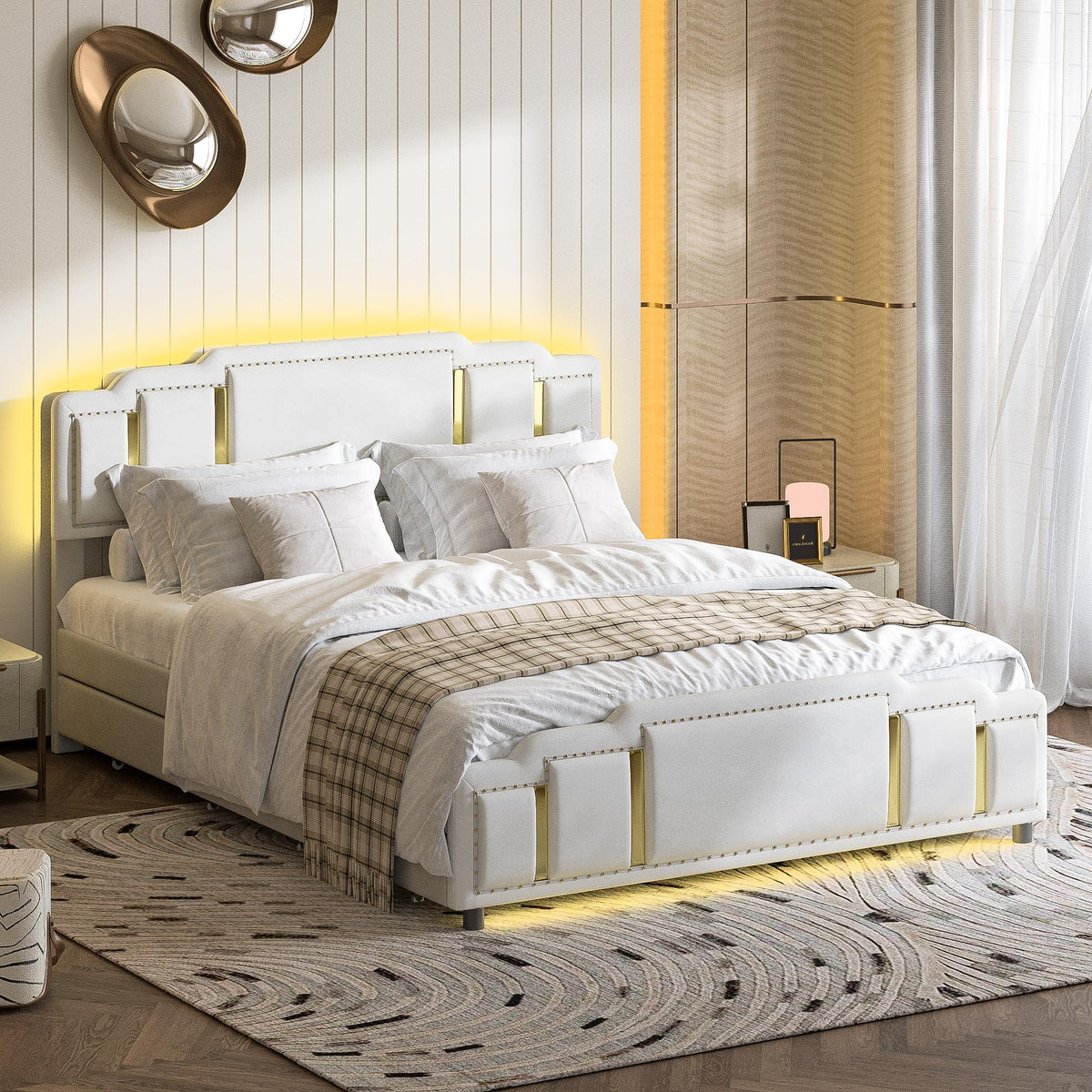 Cama tapizada de 160 x 200 cm con espacio de almacenamiento e iluminación LED, cama doble hidráulica con detalles dorados, cama de terciopelo de lujo con sincronización de música y