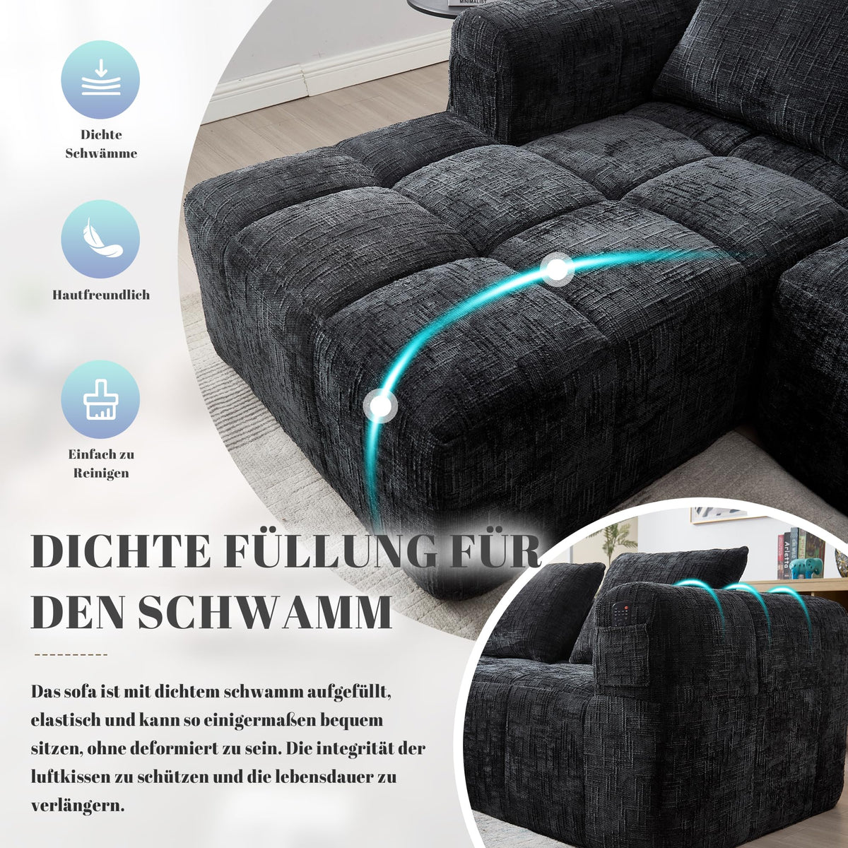 Soweiz Sofá L, seccional de 3 plazas, sofá con chaise longue y reposabrazos, 3 cojines, bolsillo lateral para mando a distancia, 250 x 158 x 60 cm