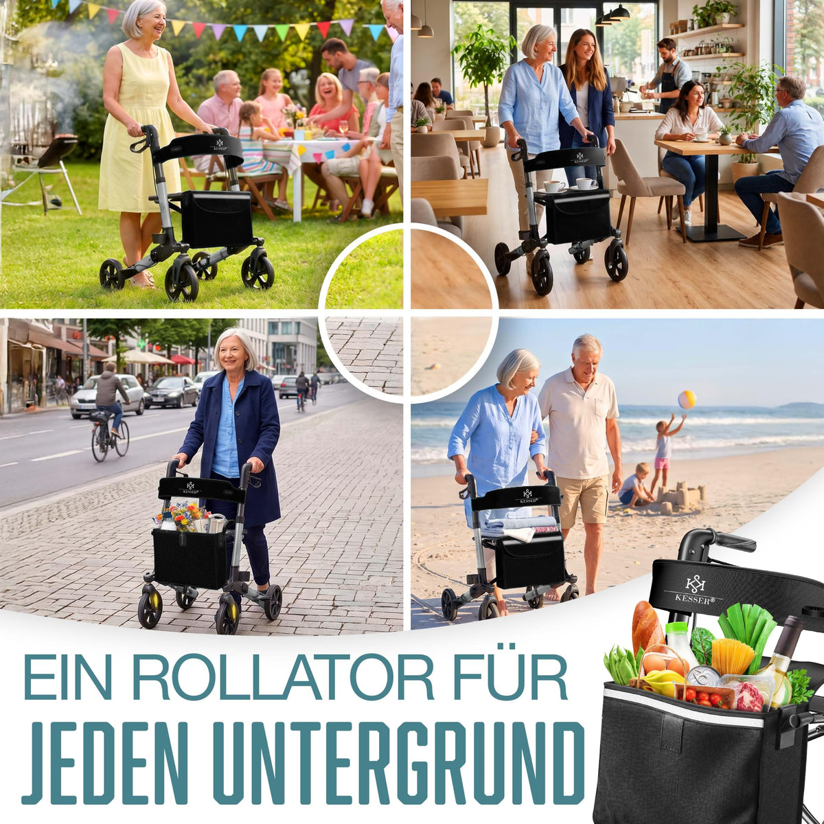 KESSER® Andador plegable con asiento y respaldo, 4 Ruedas/Frenos/Saco de Compra y Porta Bastón, Altura Ajustable 82-94cm, Andador, Carro, Rollator para Ancianos Gris