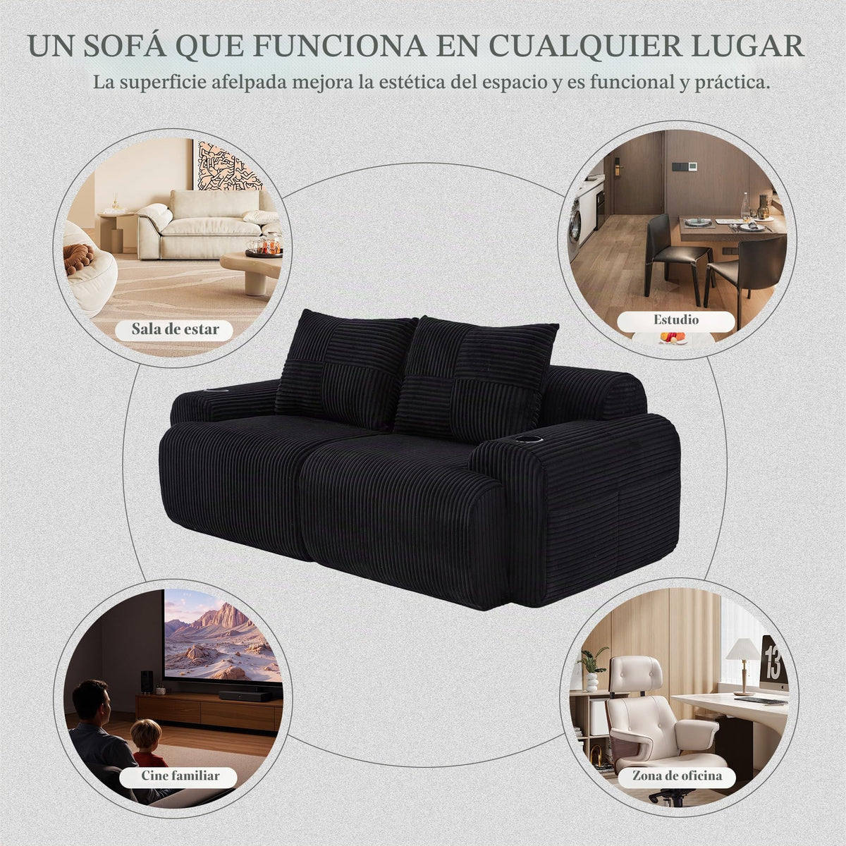 Sofá modular de 200 cm, sofá de 2 plazas con portabebidas y bolsillo de almacenamiento lateral, sofá comprimido de pana, sofá seccional para sala de estar y dormitorio