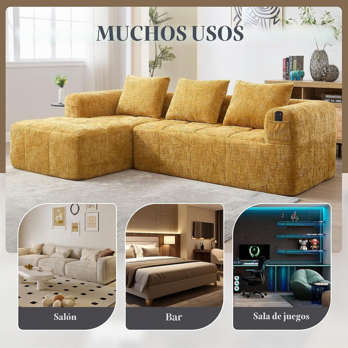 Soweiz Sofá L, seccional de 3 plazas, sofá con chaise longue y reposabrazos, 3 cojines, bolsillo lateral para mando a distancia, 250 x 158 x 60 cm