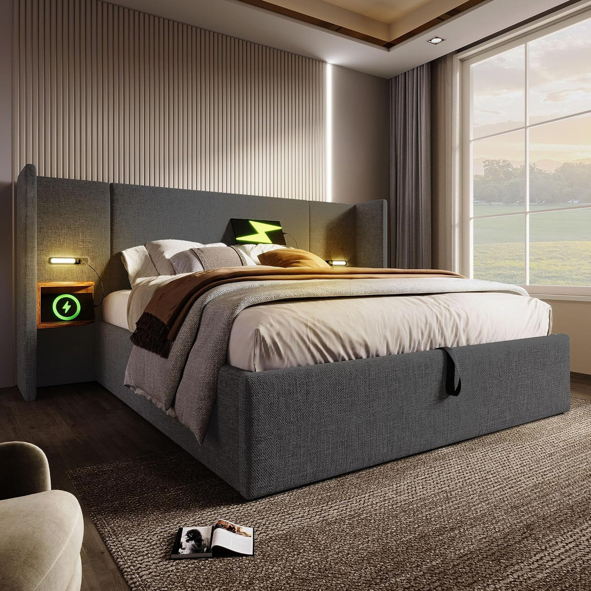 Camas Matrimoniales 160x200 con Cabecero Extendido y Espacio de Almacenaje Hidráulica, Cama Matrimonio con Lámpara de Lectura, Cama Doble con Puerto USB y Tipo C, Lino, Gris, Sin Colchón