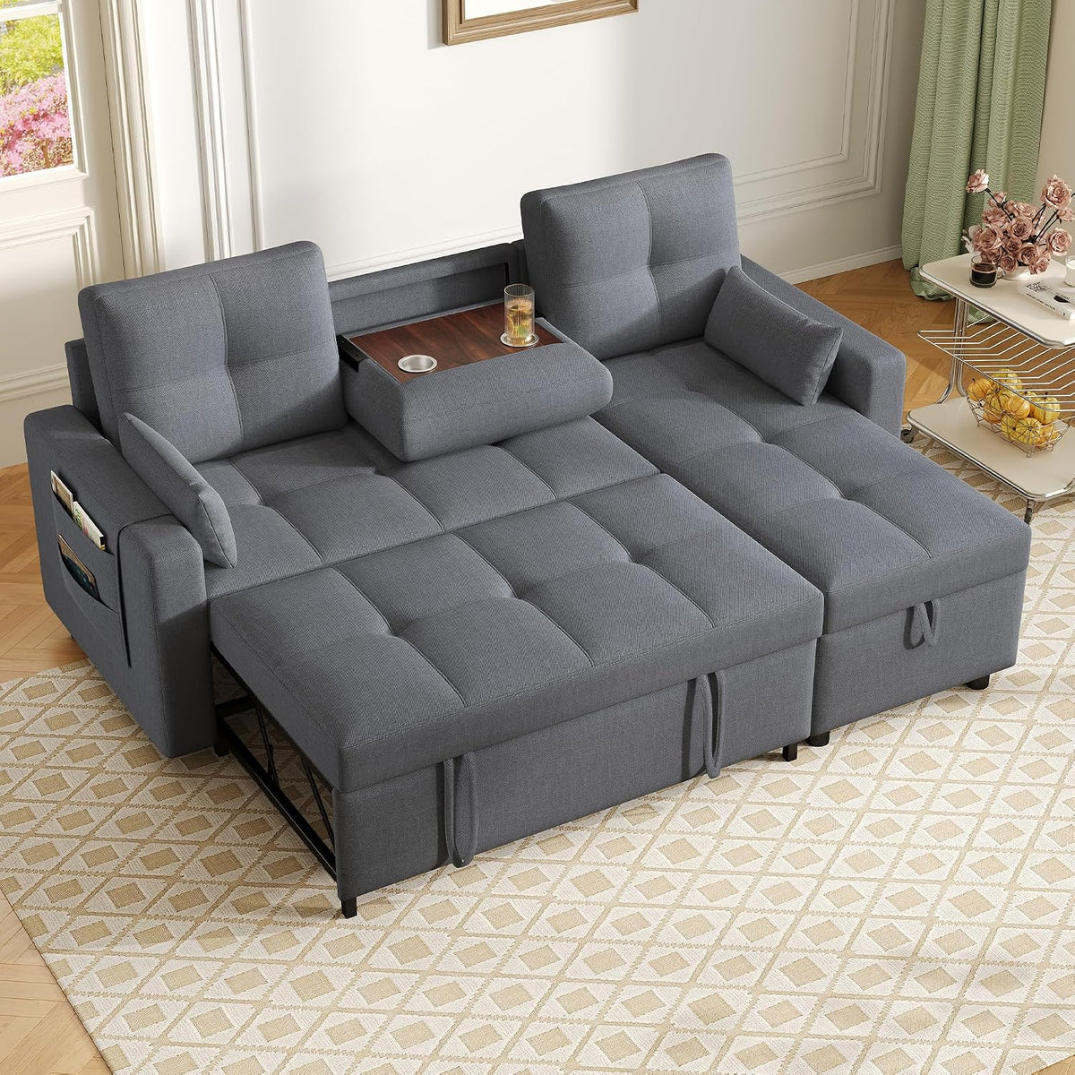 Bladez Sofá cama extensible en forma de L de lino con espacio de almacenamiento, soporte para bebidas, sofá modular de 3 plazas para salón (gris)