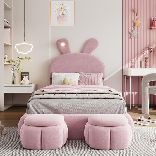 Soweiz Cama tapizada, cama individual, con orejas de conejo y tiras de luz de color cálido con brillo ajustable, con dos cajones de almacenamiento, cama infantil con somier de madera, terciopelo