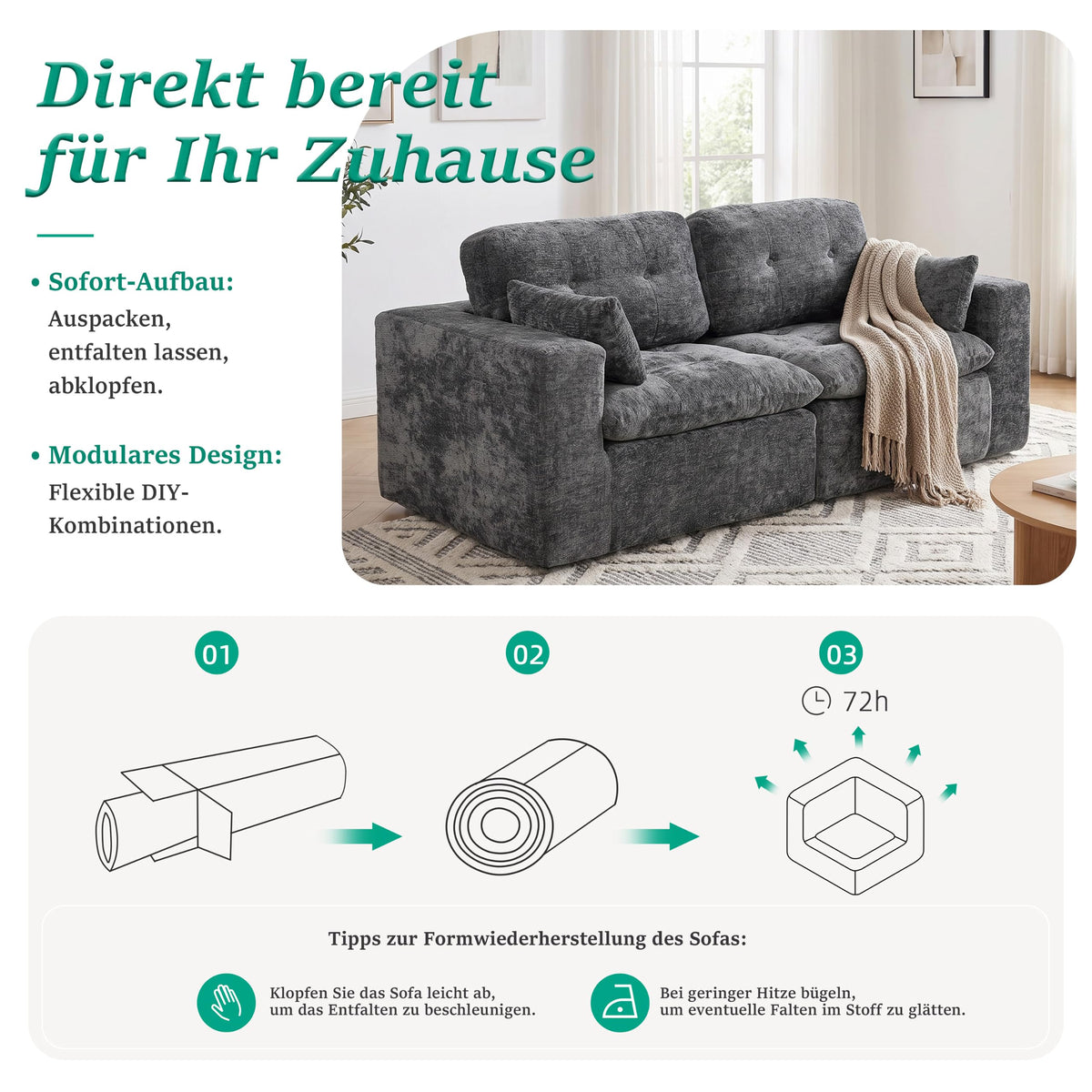 Sofá modular de 3 plazas con función de dormir, asiento extra profundo, felpilla para el hogar, sofá sin marco, sofá cama flexible para salón, verde