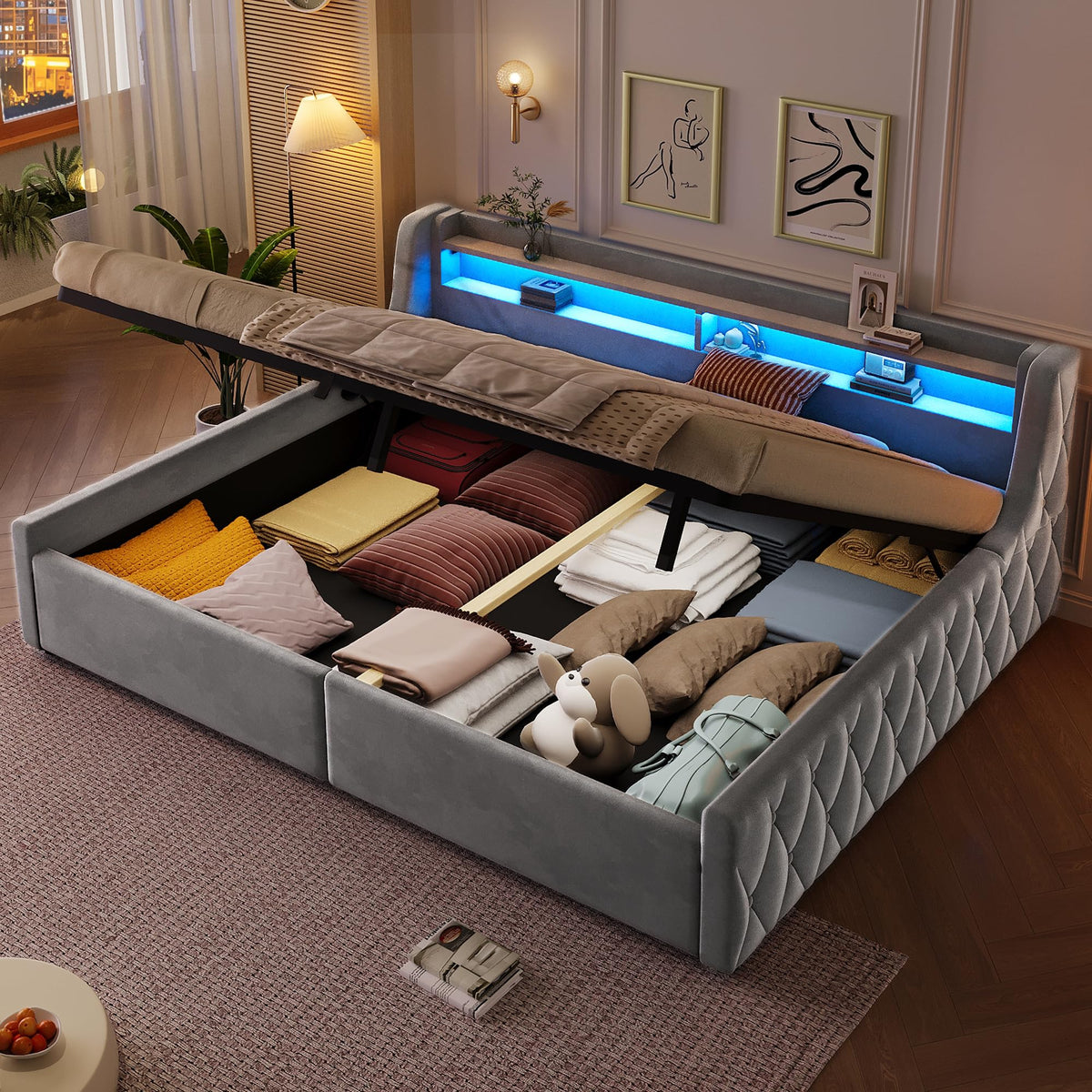 Cama con plataforma de terciopelo 90 x 200 cm, con espacio de almacenamiento hidráulico e iluminación LED (color crema, 90 x 200 cm)